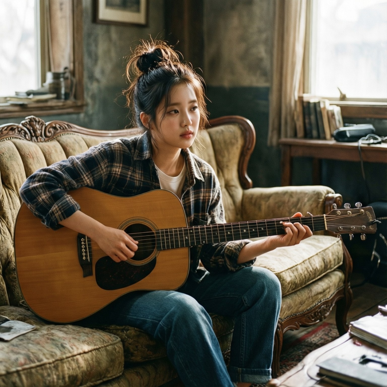 Vintage Acoustic Session 壁紙 — 一位年輕女性，深色頭髮盤成髮髻，坐在復古花卉沙發上，抱著一把原聲吉他，房間陽光充足，有書籍和裱框藝術品。
