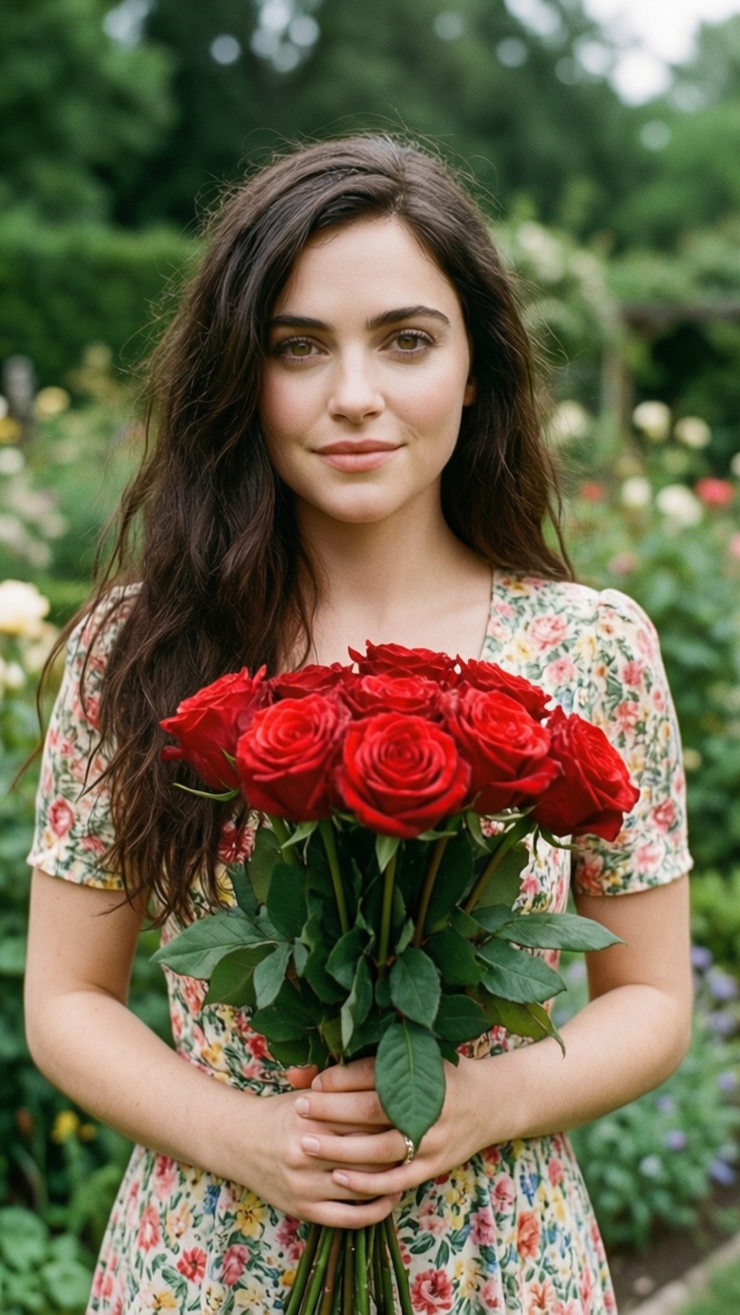Romantic Rose Garden 壁紙 — 一位深色頭髮的年輕女性在鬱鬱蔥蔥的花園中手持一束鮮豔的紅玫瑰。