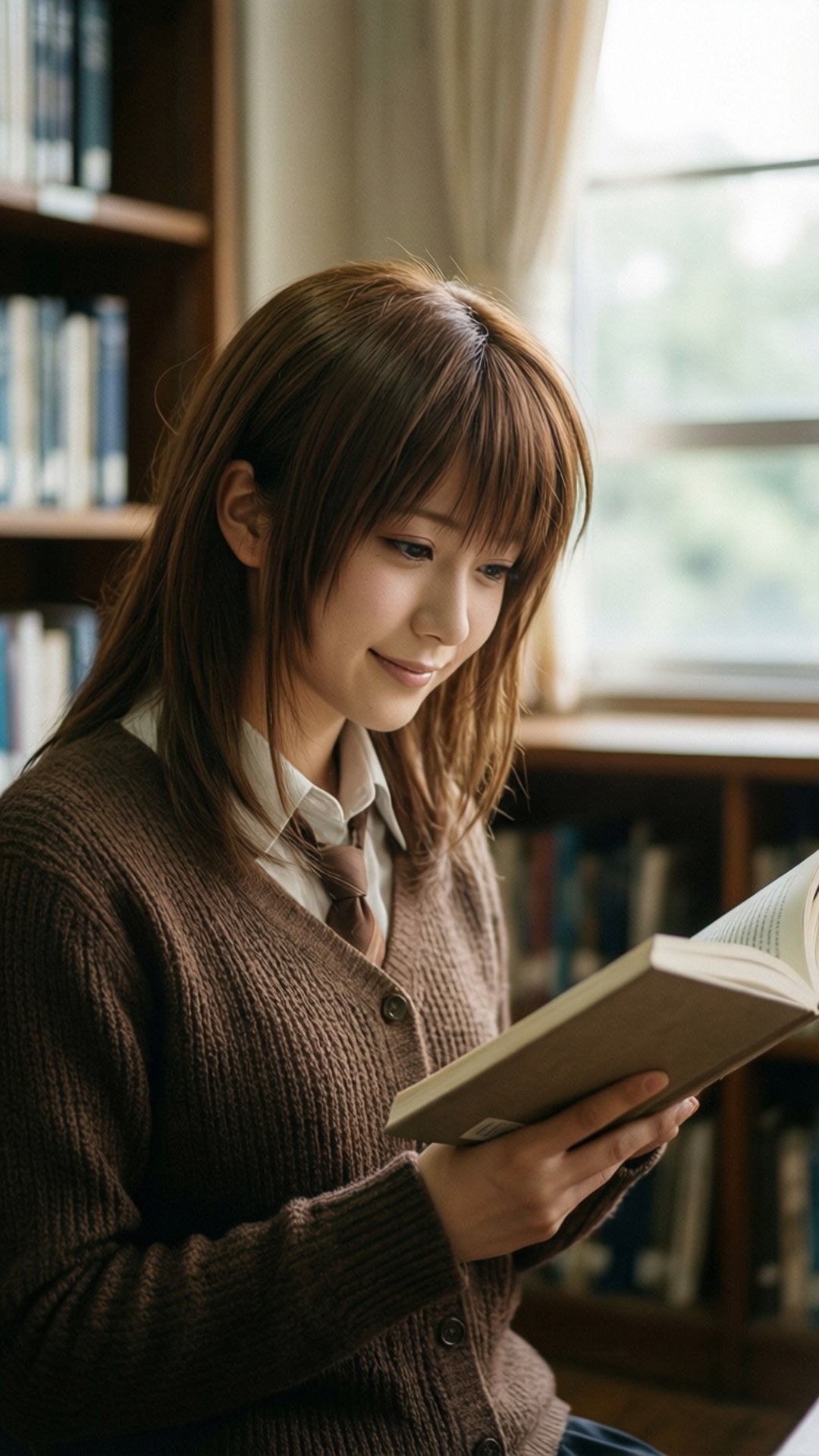 Ryou's Library Moment 壁紙 — 一位棕色頭髮的年輕女性在陽光充足的圖書館裡，木製書架旁，溫柔地微笑著閱讀一本書。