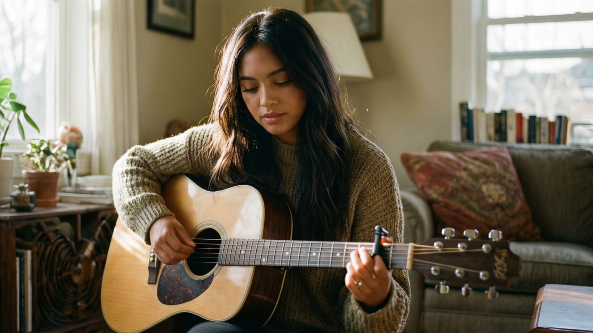 Cozy Guitar Session 壁紙 — 一位長黑髮的年輕女性在陽光明媚的客廳裡彈奏原聲吉他，客廳裡有書架和沙發。