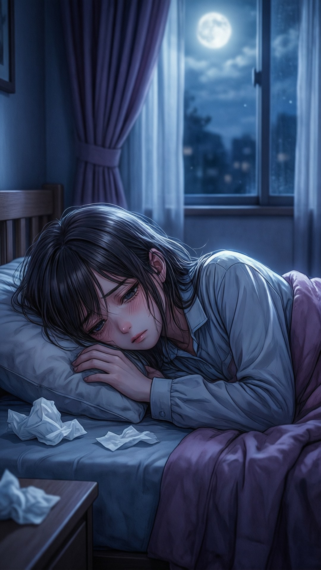 桌布 壁紙 — 一位年輕女子在月光下悲傷地躺在床上，旁邊有皺巴巴的衛生紙。