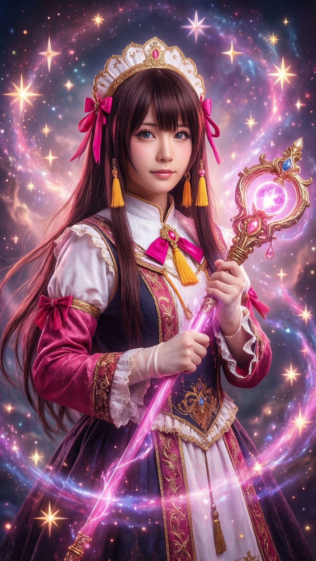 Priestess of Suzaku 壁紙 — 一位年輕女子身穿華麗的粉紅色和金色奇幻服裝，在旋轉的星空宇宙背景下手持發光的魔法杖。
