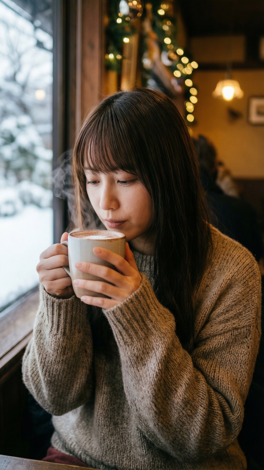 Chizuru Winter Hot Cocoa 壁紙 — 一位年輕女子穿著舒適的針織毛衣，在溫暖燈光的咖啡館裡，靠著積雪的窗戶喝著冒熱氣的熱可可。