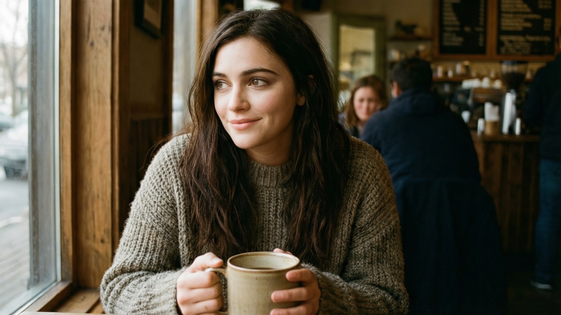 Cozy Coffee Break 壁紙 — 一位年輕女子穿著舒適的針織毛衣，在咖啡館窗前微笑著拿著杯子。