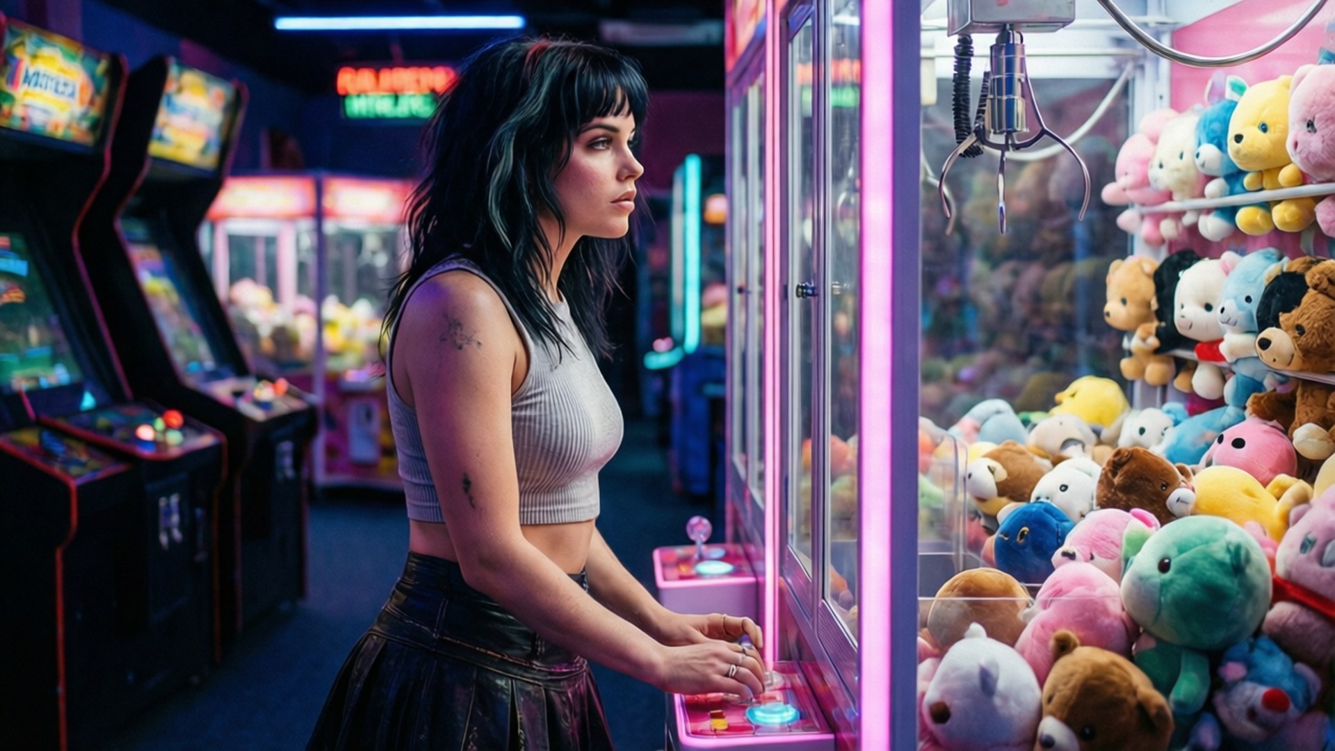 Arcade Queen 壁紙 — 一位深色頭髮、有刺青的年輕女子專注地站在粉紅色燈光的夾娃娃機前，機內充滿色彩繽紛的絨毛動物，背景是霓虹燈遊戲機中心。