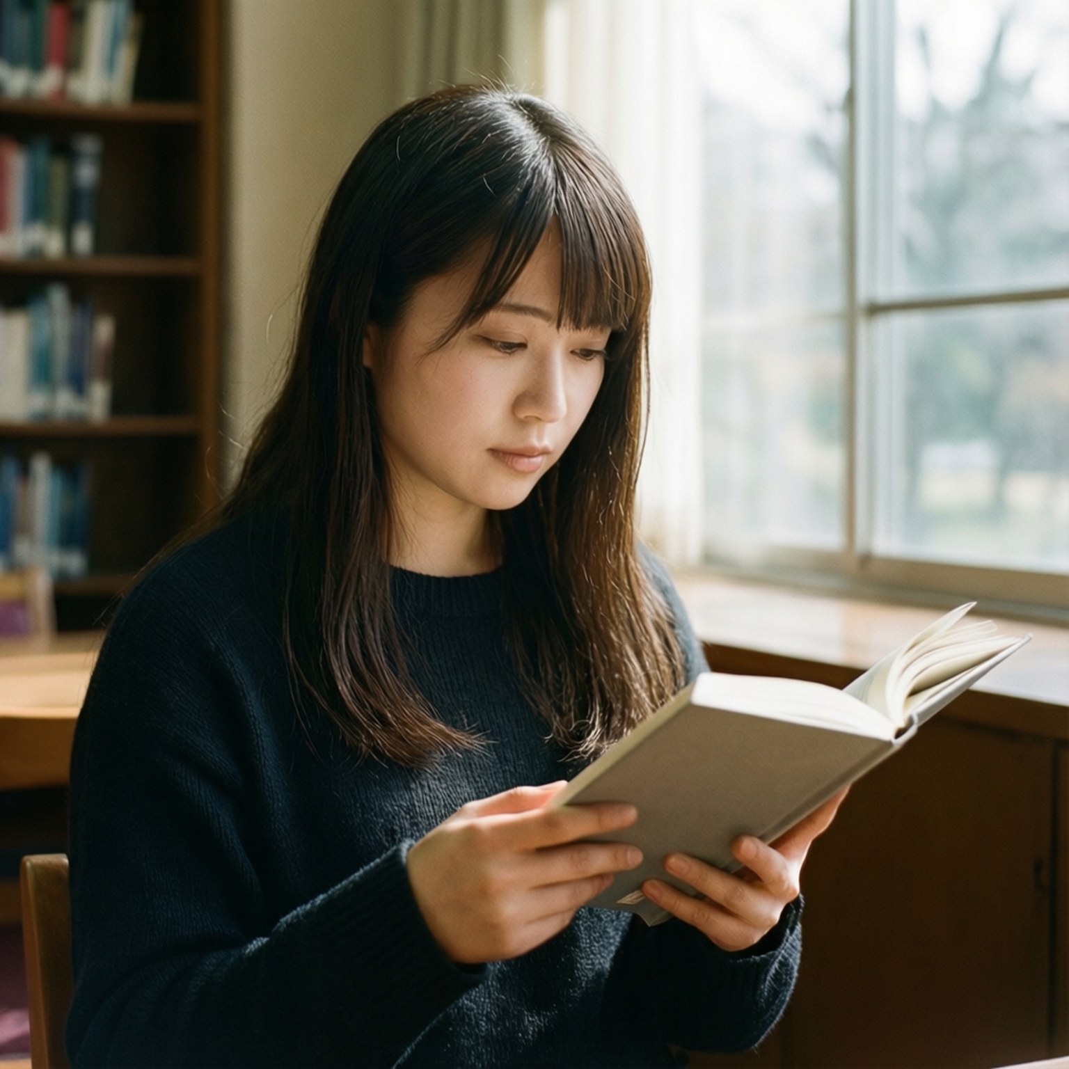 女僕大人 桌布 壁紙 — 一位深色頭髮的年輕女子在舒適的圖書館環境中，於陽光照射的窗邊閱讀一本書。