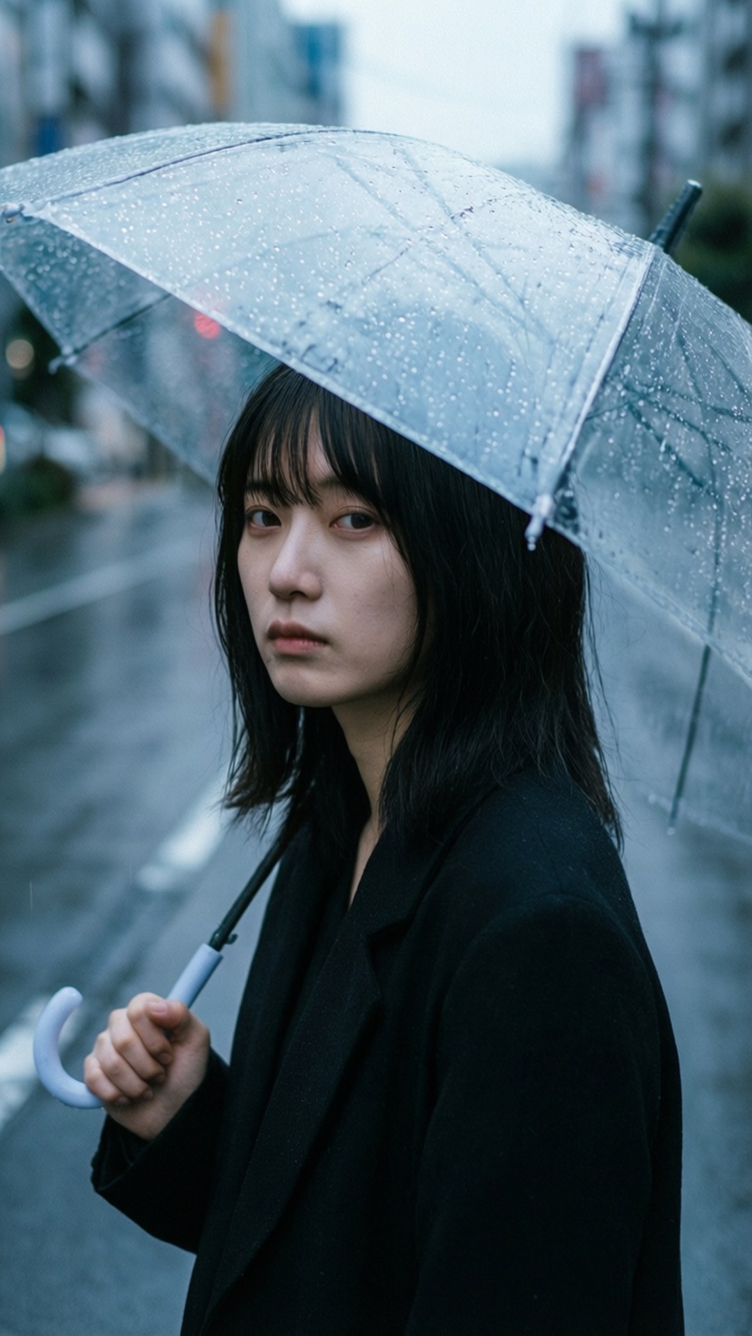 莉亞 桌布 壁紙 — 一位深色頭髮的年輕女子在灰色天空下，站在濕漉漉的城市街道上，手持一把佈滿雨滴的透明雨傘。
