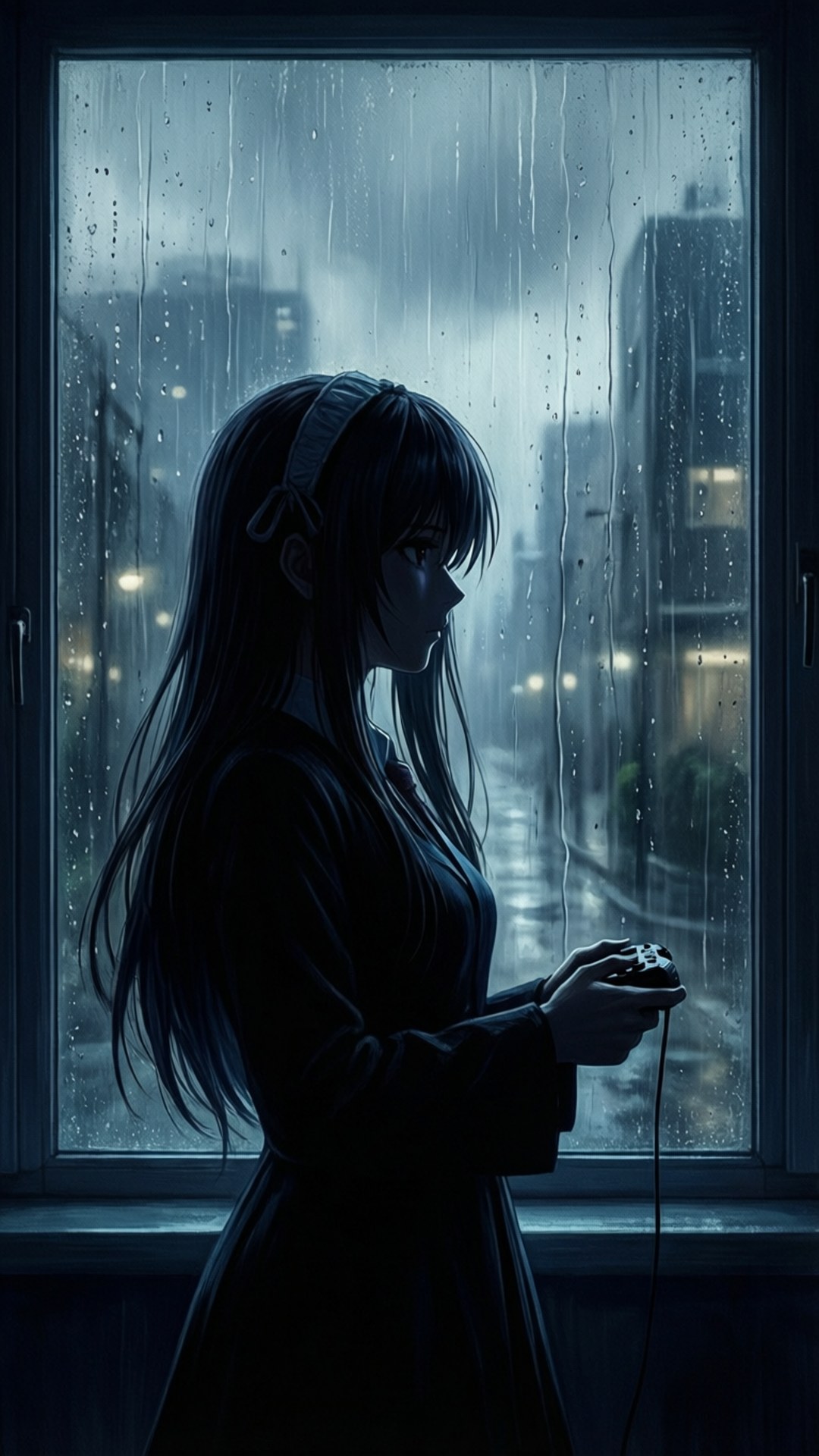 Rainy Day Gamer 壁紙 — 一位長髮深色年輕女子站在雨痕斑斑的窗邊，手持遊戲控制器，城市燈光透過大雨閃爍。