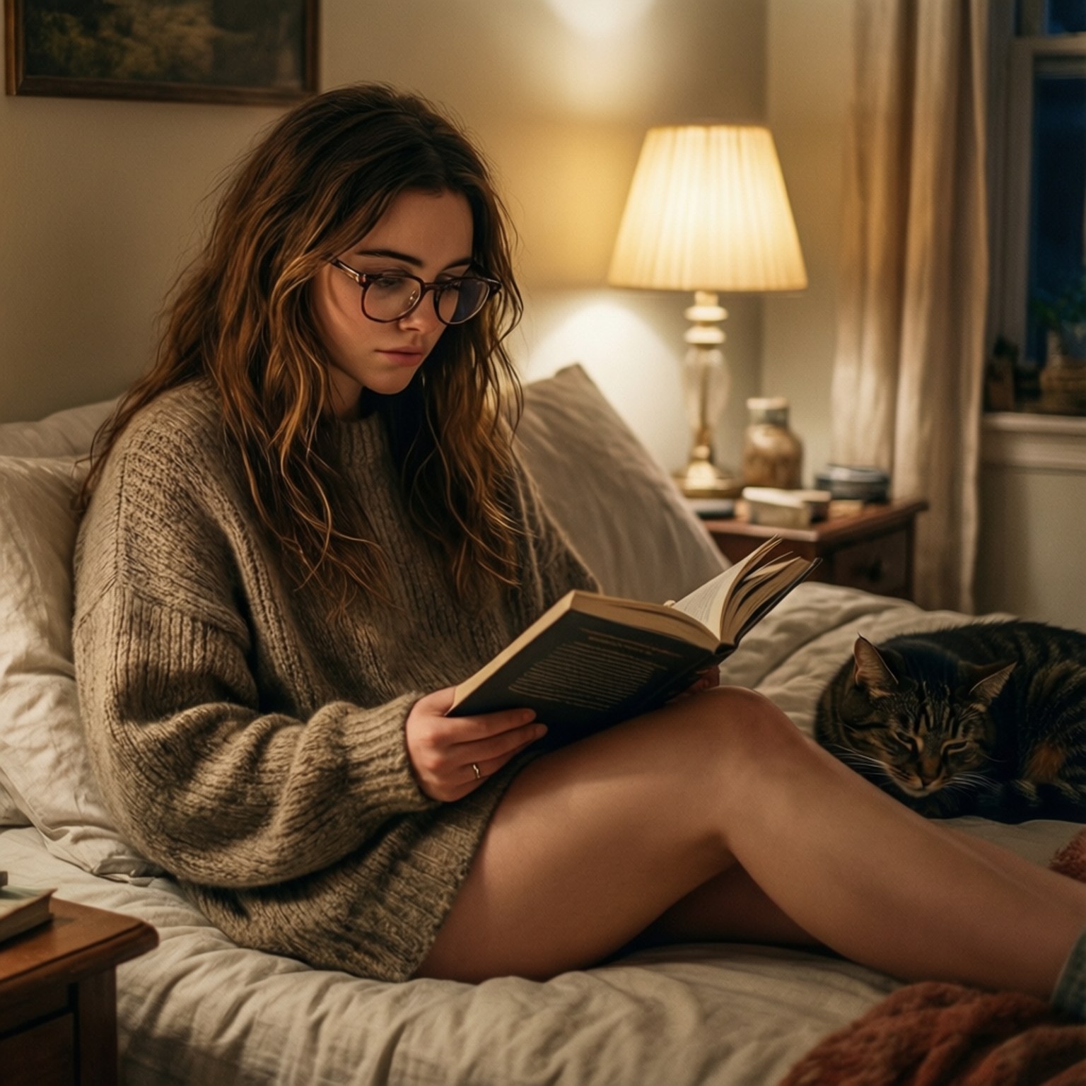 Quiet Reading Night 壁紙 — 一位戴眼鏡的年輕女子在溫暖的燈光下躺在床上看書，旁邊有一隻虎斑貓在睡覺。