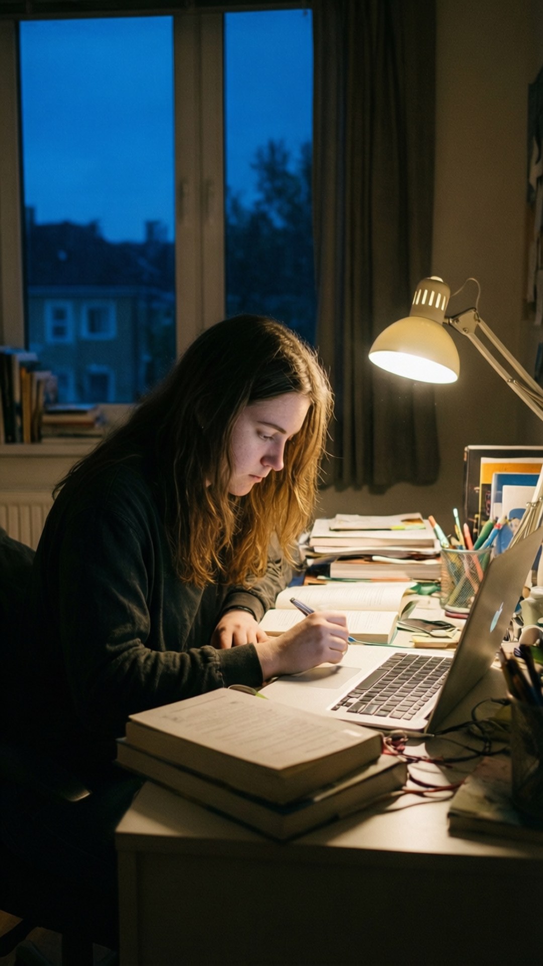 Night Study Session 壁紙 — 一位長髮年輕女子在溫暖的燈光下，在雜亂的書桌上專心學習，身後窗戶透入暮色藍光。
