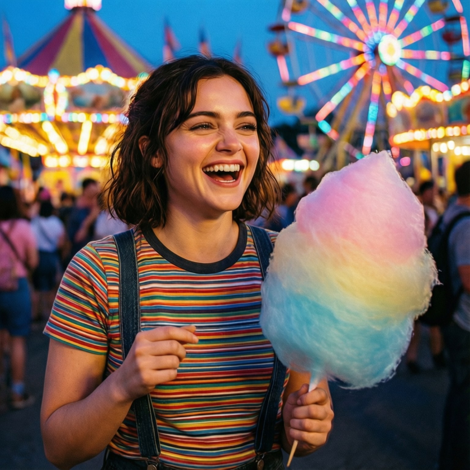Carnival Fun Chloë 壁紙 — 一位快樂的年輕女子在熱鬧的夜間嘉年華中，手持彩虹棉花糖大笑。