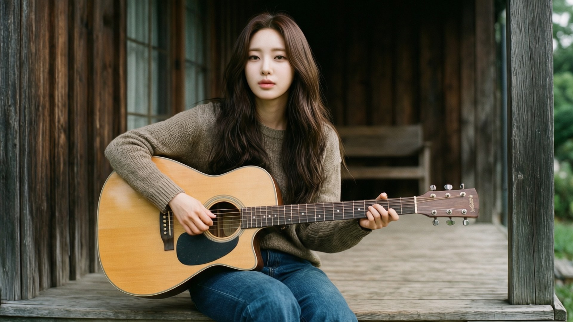 Porch Guitar Melody 壁紙 — 一位長長棕色頭髮的年輕女子坐在木質門廊上，抱著一把原聲吉他，穿著棕色毛衣和藍色牛仔褲。