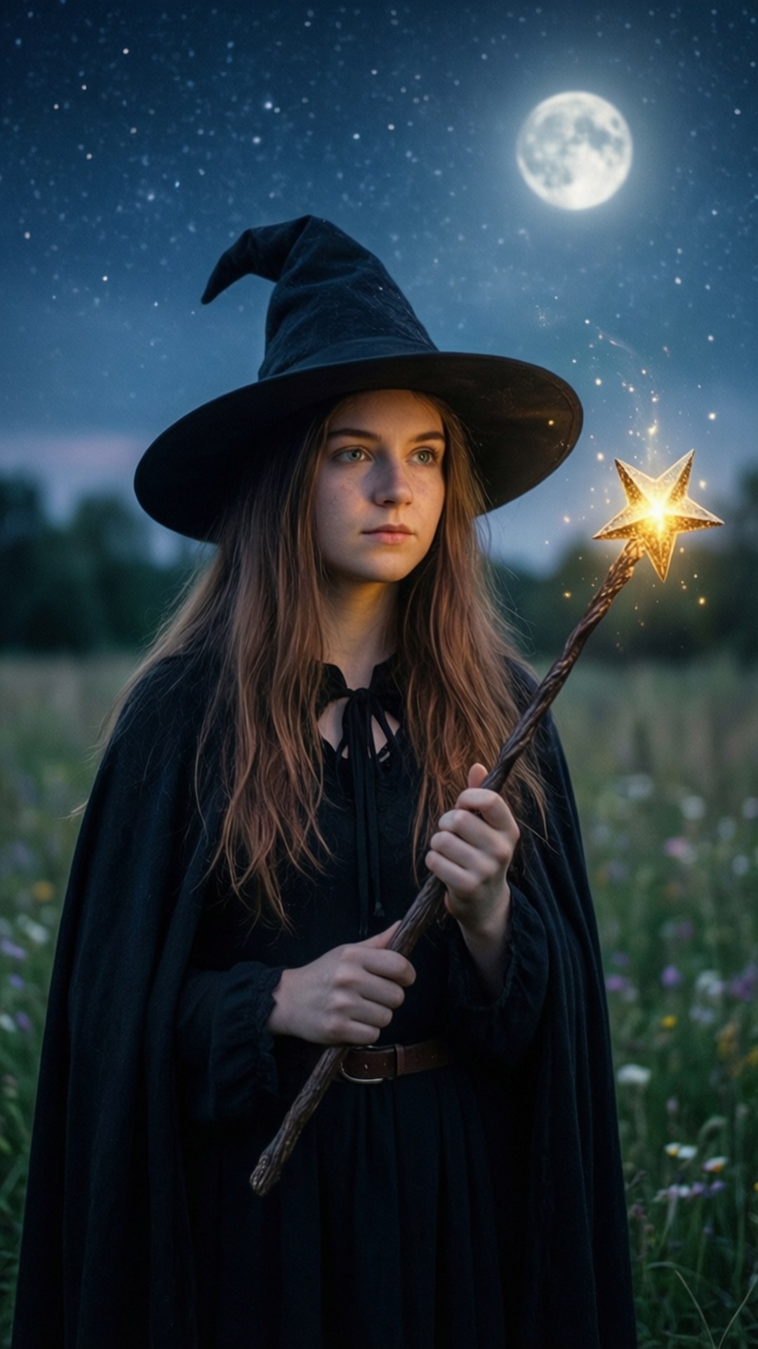 Moonlit Witchcraft 壁紙 — 一位年輕女巫戴著黑色帽子和斗篷，在滿是星星的月光下拿著發光的星尖魔杖。