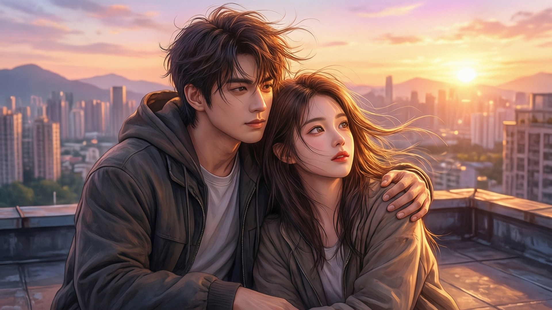 Rooftop Sunset Embrace 壁紙 — 一對年輕情侶在天臺上擁抱，夕陽在遠處有山脈的廣闊城市景觀中落下。