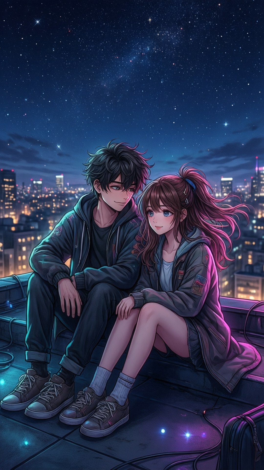 Rooftop Night 壁紙 — 一對年輕情侶在星空下的屋頂上緊靠而坐，背後是閃爍的城市景觀。