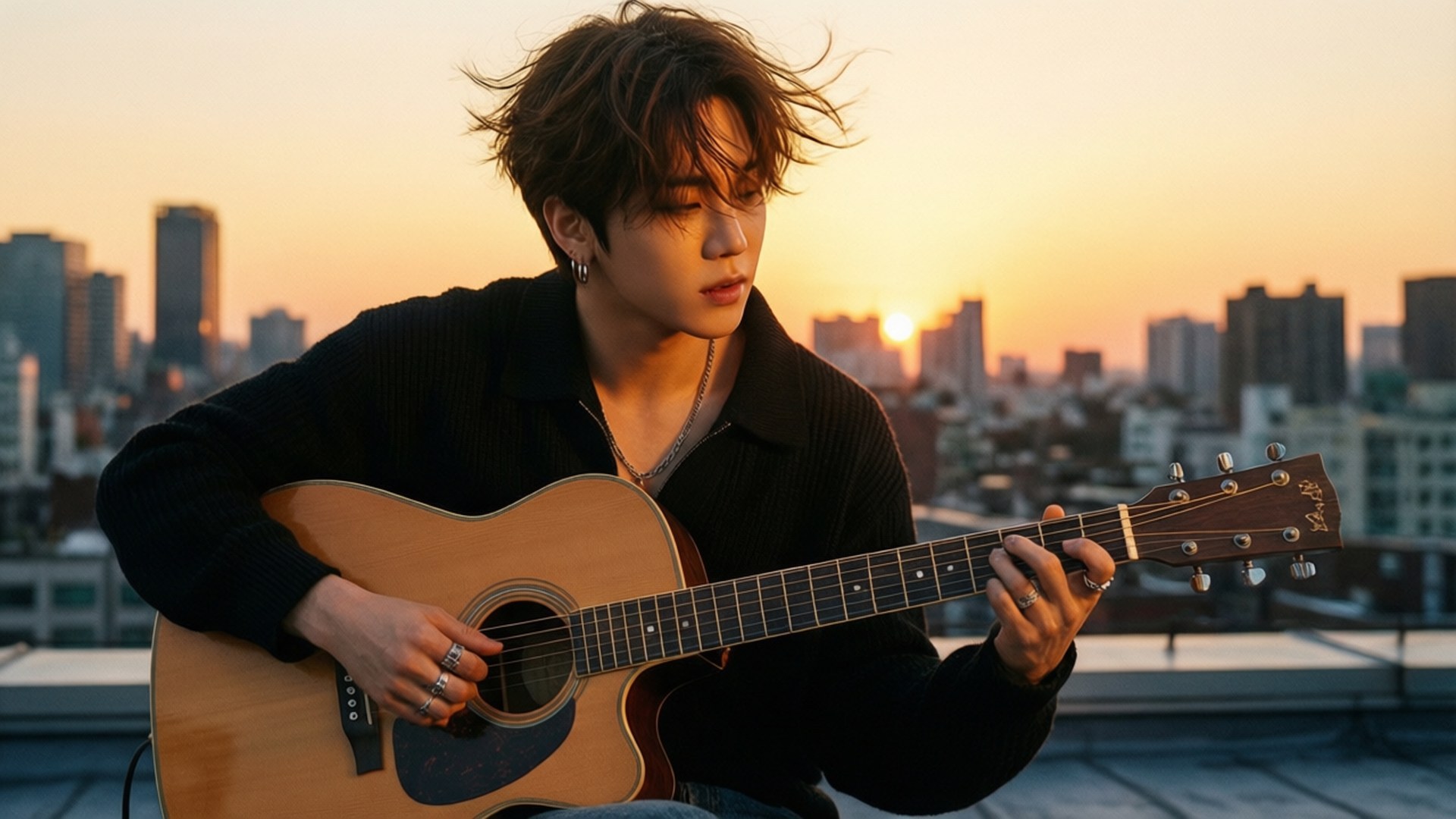 Rooftop Serenade 壁紙 — 一個頭髮凌亂的年輕人在屋頂上彈奏木吉他，夕陽正落在城市天際線之上。