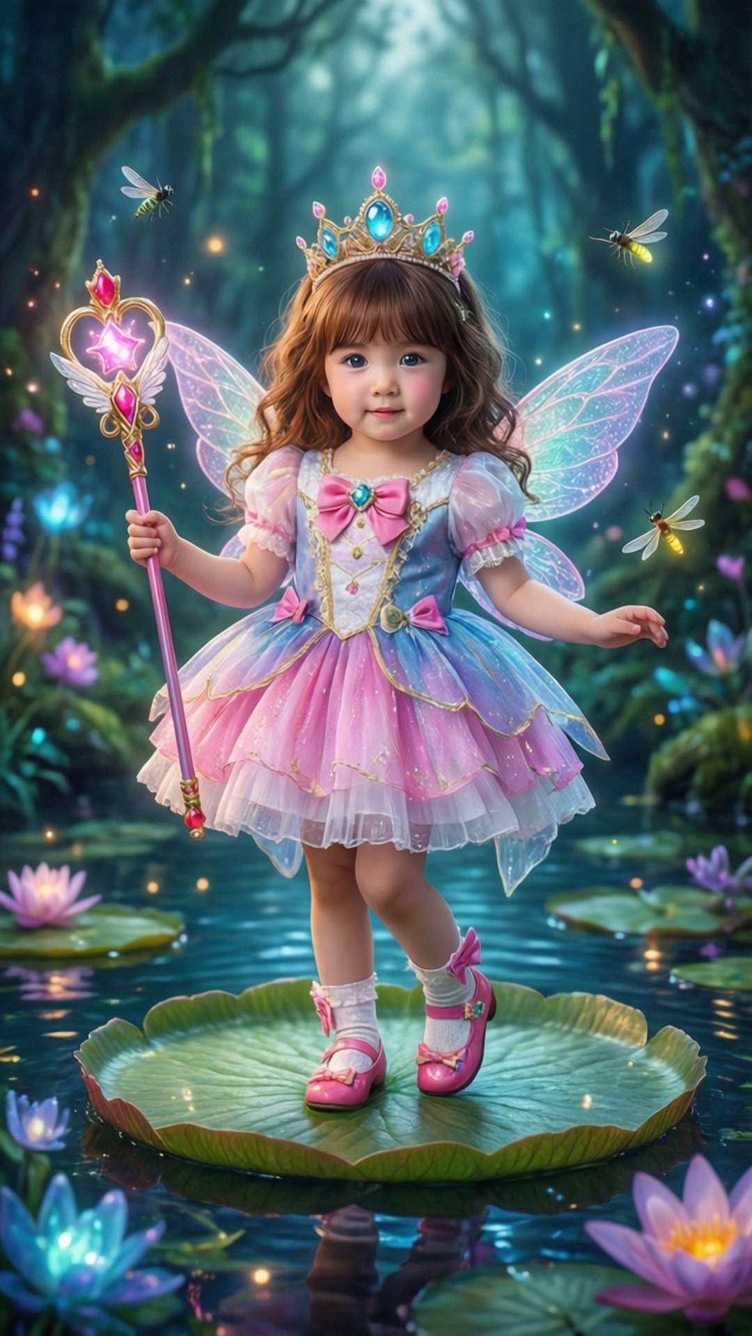 Fairy Princesses 壁紙 — 一個穿著粉紅色和藍色連衣裙的年輕仙女女孩站在發光的魔法森林池塘的睡蓮葉上。