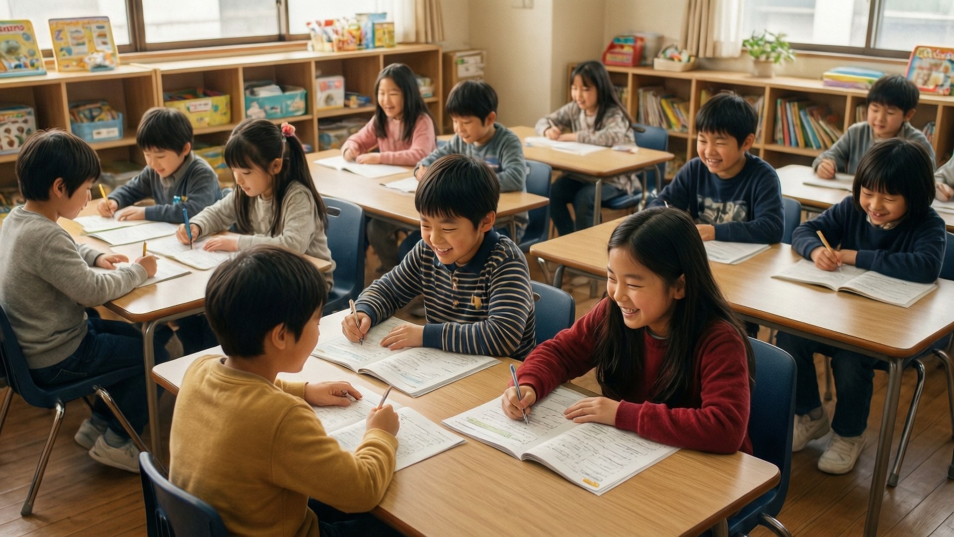 Kumon 桌布 壁紙 — 年輕學生在明亮的教室裡，在窗戶自然光下，於木桌上微笑書寫。