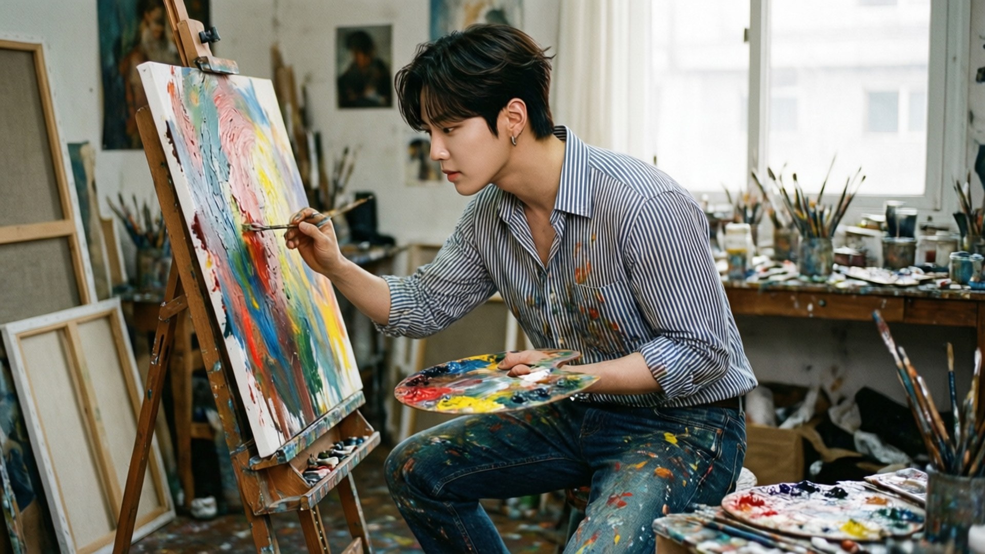 Creative Expression 壁紙 — 一位年輕藝術家身穿條紋襯衫和沾滿油漆的牛仔褲，跪在畫架前，在陽光明媚的工作室中為畫布塗上鮮豔的色彩。
