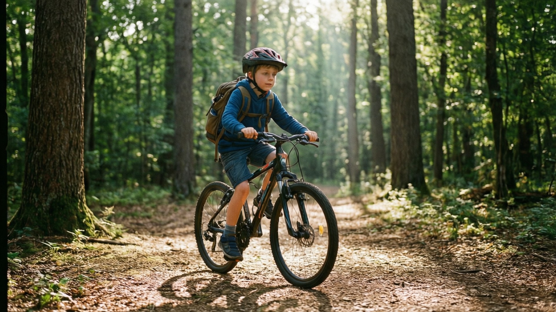 Son Cycling Through Forest 壁紙 — 一位戴著頭盔和背著背包的年輕自行車手，在陽光斑駁的森林小徑上踩著自行車，四周環繞著高大的樹木。