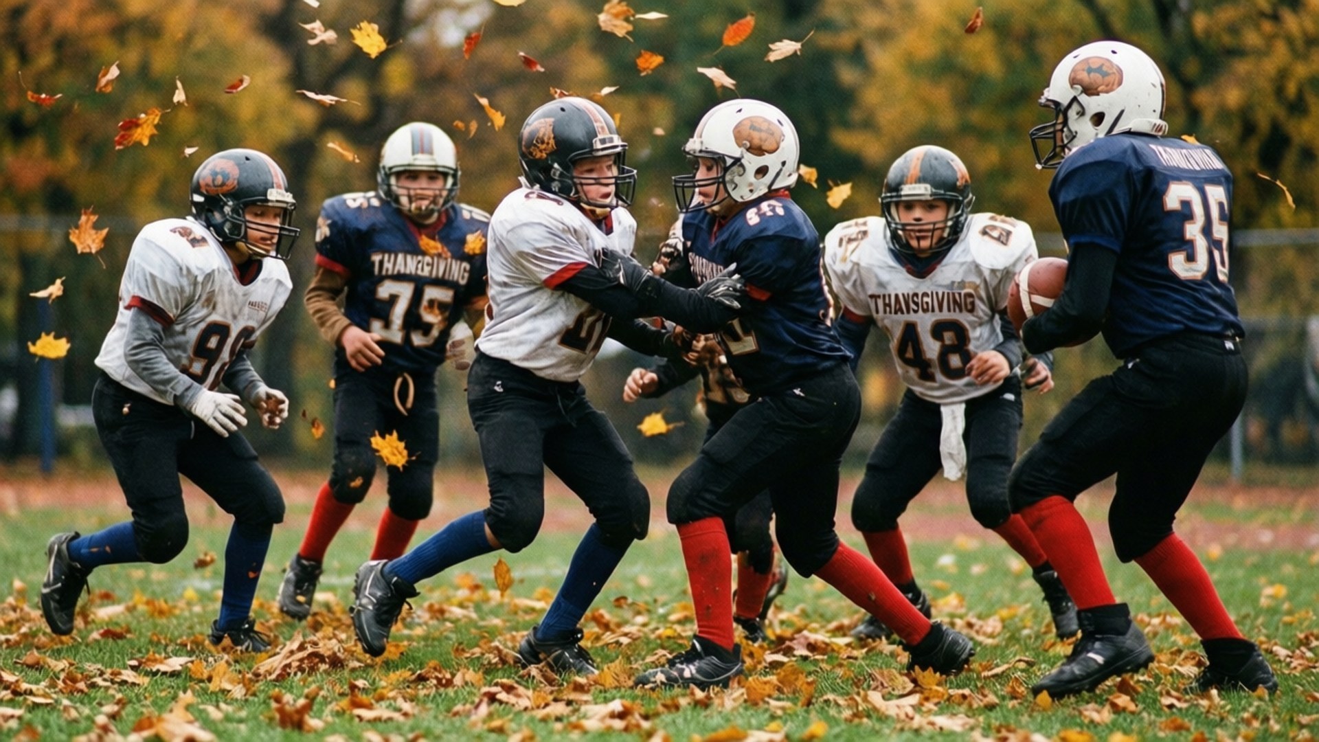 Thanksgiving Football 壁紙 — 年輕足球運動員身穿海軍藍和白色制服，在草地上碰撞，秋天的樹葉在他們周圍旋轉。