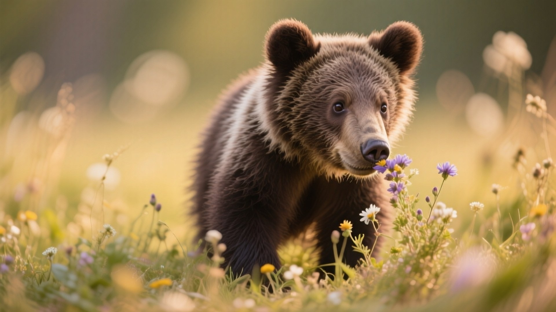 Curious Cub in Meadow 壁紙 — 一隻年幼的棕熊幼崽在陽光明媚、點綴著紫色和白色野花的草地上警覺地站著。
