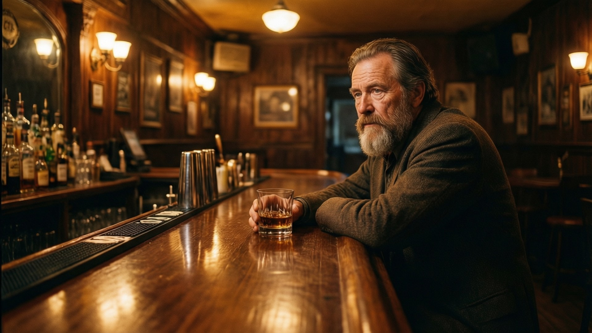 A Drink at the Saloon 壁紙 — 一位年長鬍鬚男穿著深色毛衣，獨自坐在拋光木吧檯旁，在溫暖的環境燈光下拿著一杯威士忌。