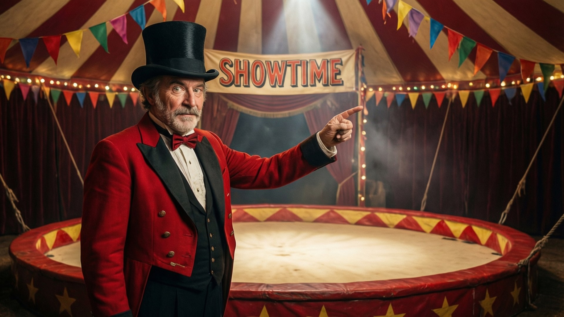 showtime 桌布 壁紙 — 一位身穿紅色外套、頭戴高帽的年長馬戲團領班，指向上方有「SHOWTIME」標誌的馬戲團帳篷入口。