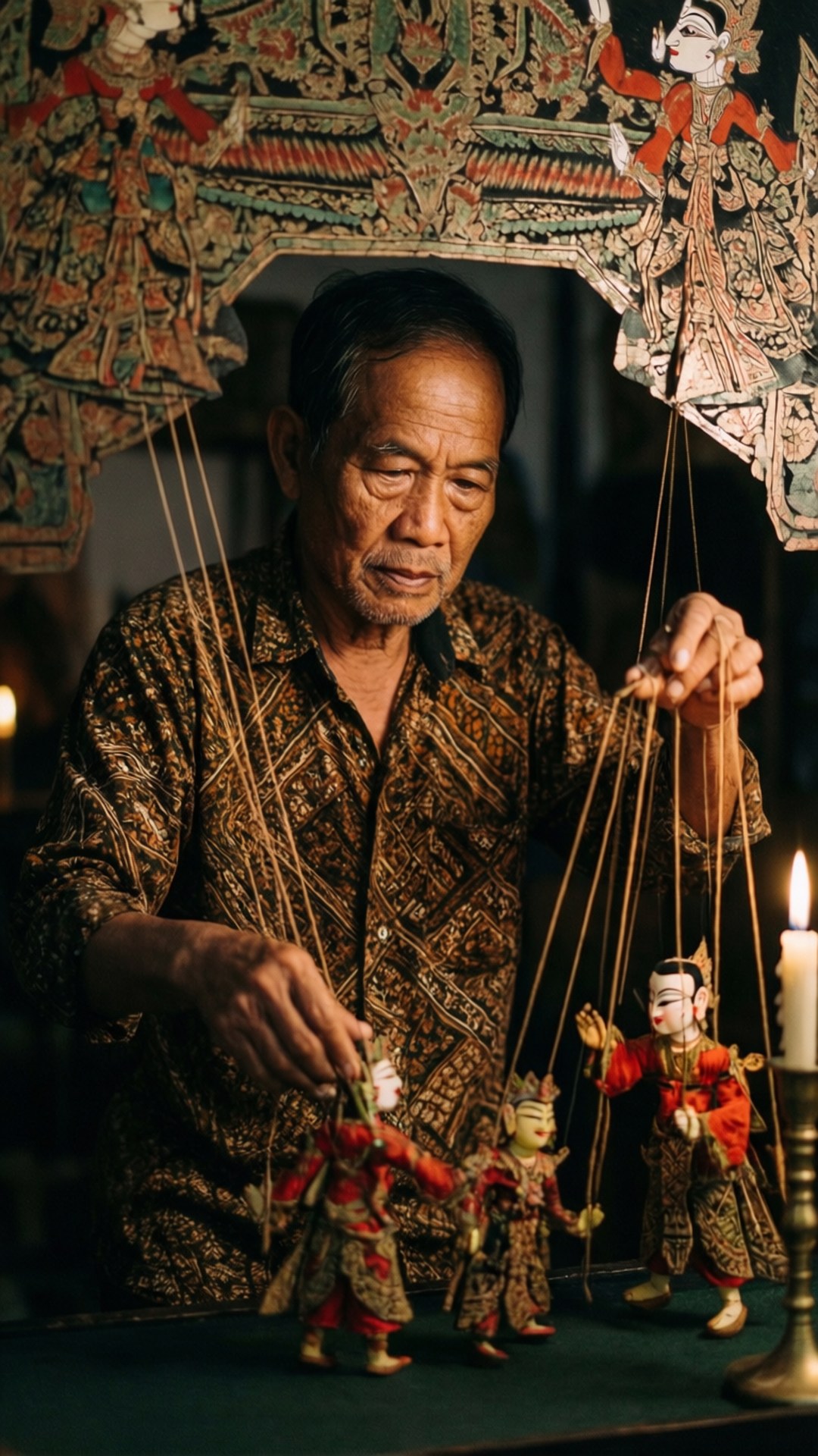 Dalang in Action 壁紙 — 一位身穿圖案襯衫的年長木偶師在燭光下熟練地操控傳統印尼哇揚皮影偶。