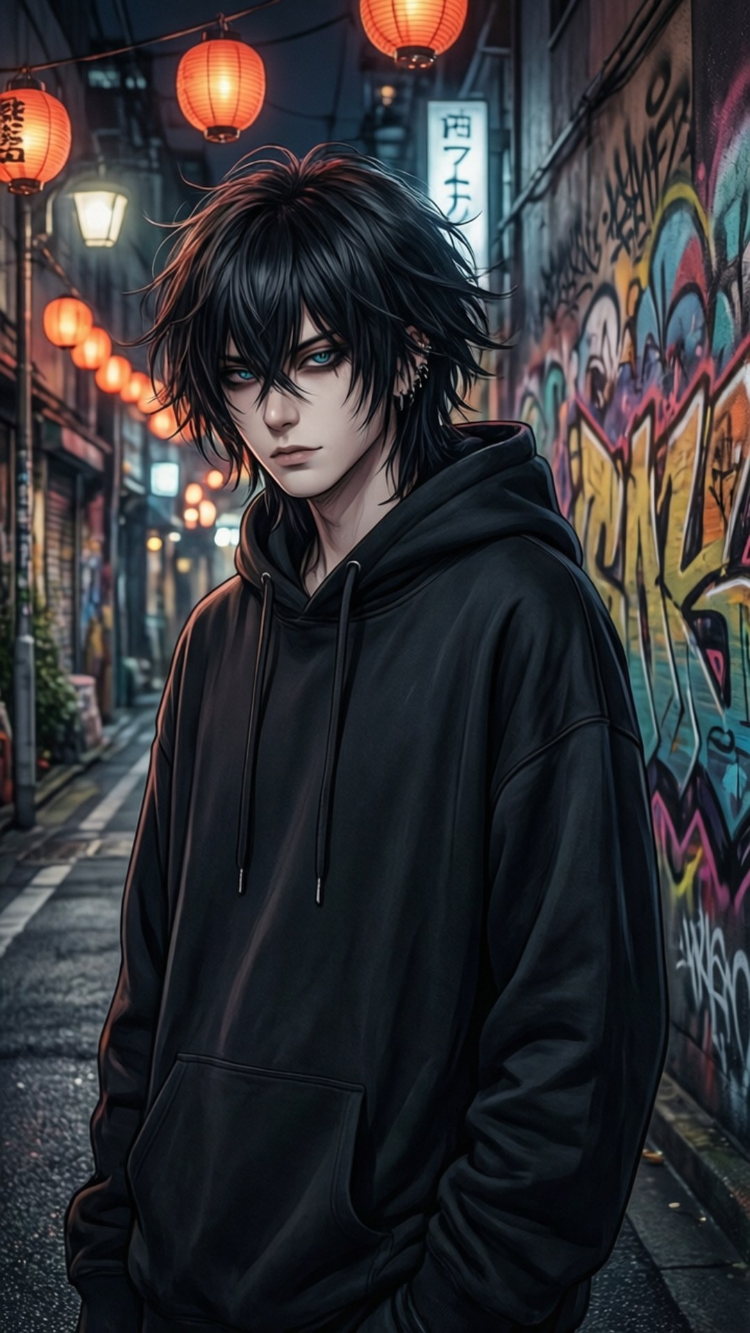 Tokyo Night 壁紙 — 一位黑髮藍眼的年輕男子站在霓虹燈小巷中，在發光的紅燈籠下，旁邊是充滿活力的塗鴉牆。