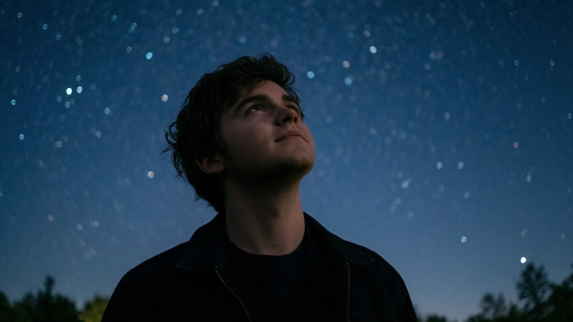 Stargazing Silhouette 壁紙 — 一個年輕人在閃爍著柔和藍白光芒的星空下，驚奇地向上凝視。