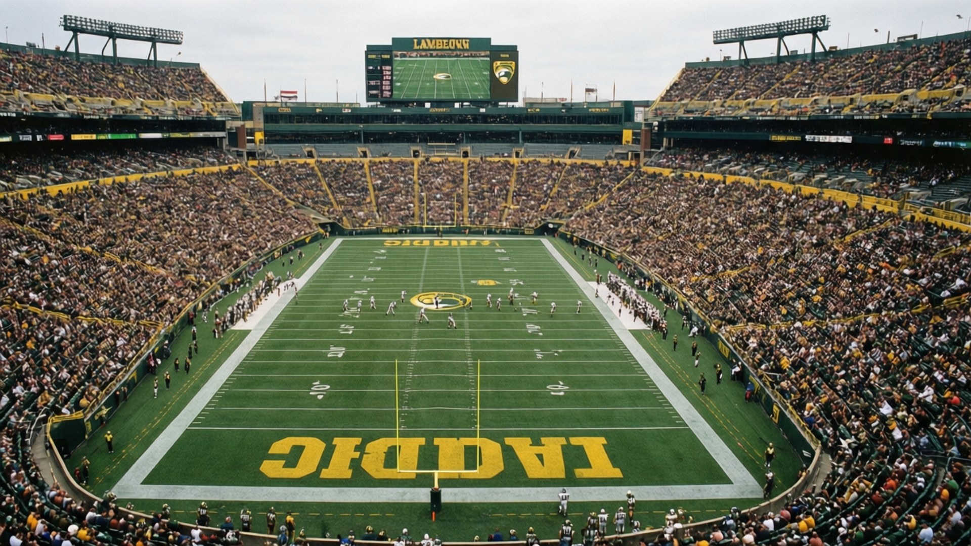 Lambeau Aerial Game 壁紙 — 鳥瞰一個擠滿球迷的足球場，綠色球場上有黃色字樣，看台座無虛席，天空多雲。