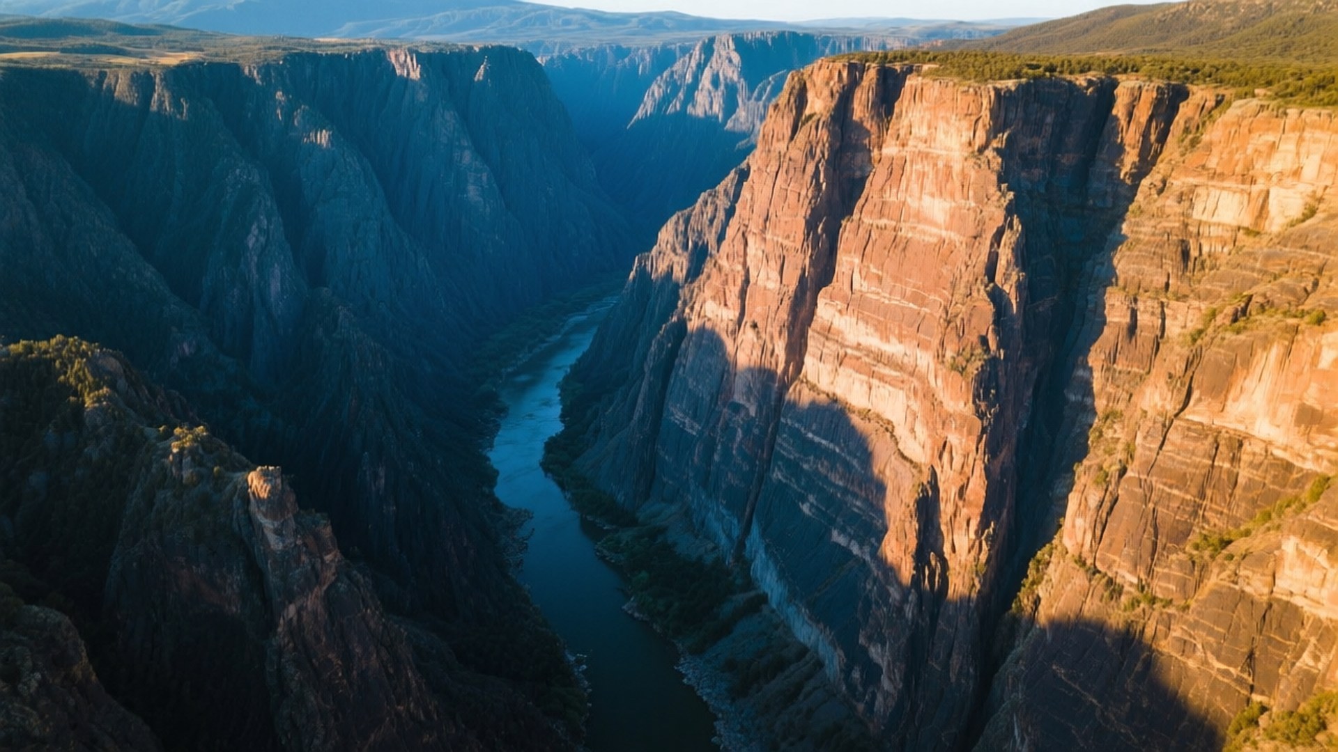 Black Canyon Aerial Drama 壁紙 — 鳥瞰圖：一條蜿蜒的河流穿過深紅色的岩石峽谷，沐浴在金色的陽光下。