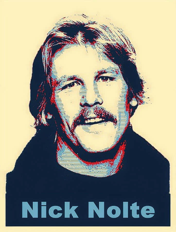 Nick Nolte 桌布 壁紙 — Nick Nolte 的風格化肖像，採用大膽的紅色、藍色和奶油色，以及半色調點紋理，背景為淡黃色。