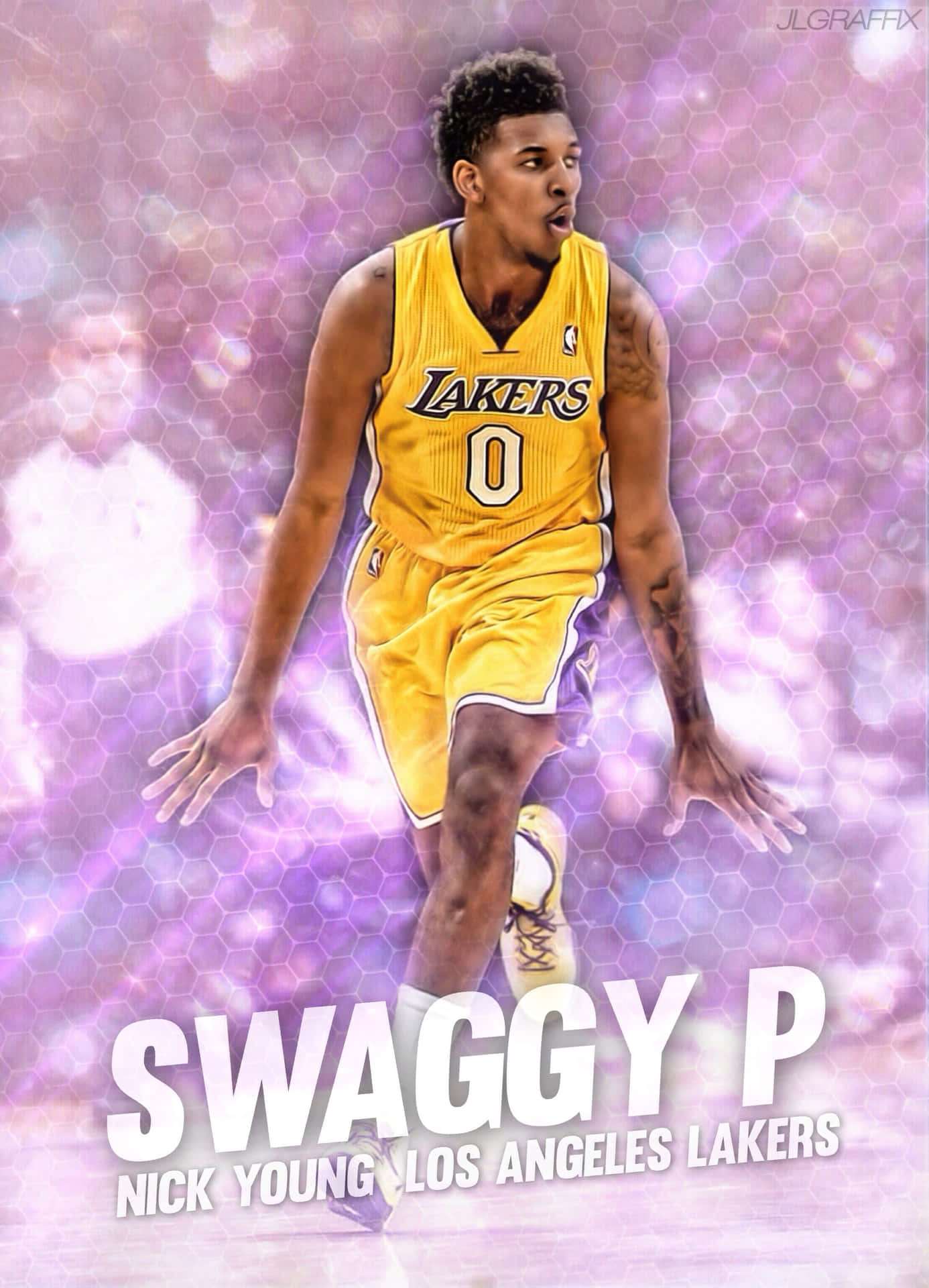 Nick Young 身穿湖人球衣，背景為發光紫色和「Swaggy P」文字。 — NBA Youngboy 壁紙