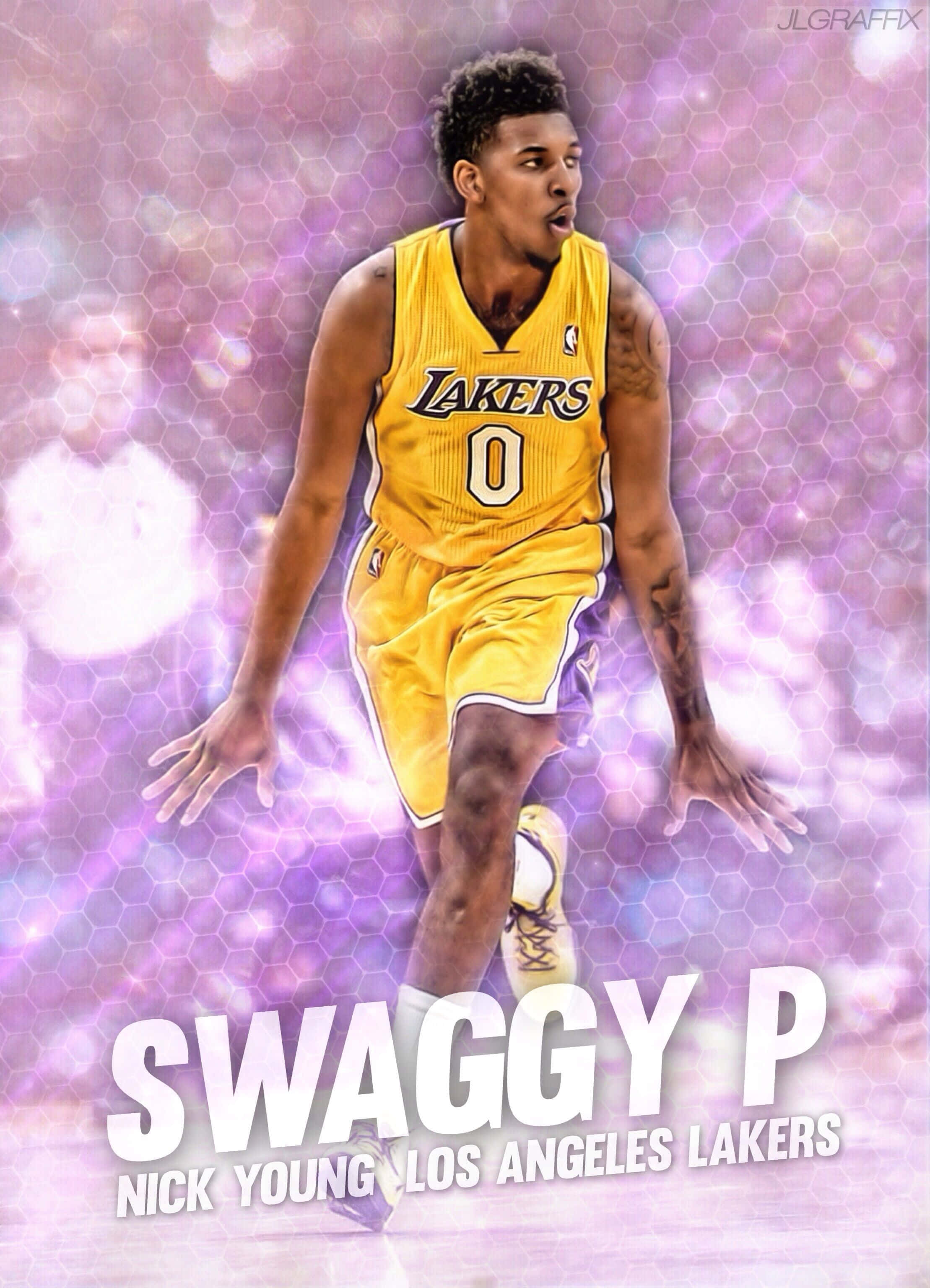 superstar 桌布 壁紙 — Nick Young 身穿黃色湖人球衣，在發光的紫色六邊形背景和「SWAGGY P」文字中運球。