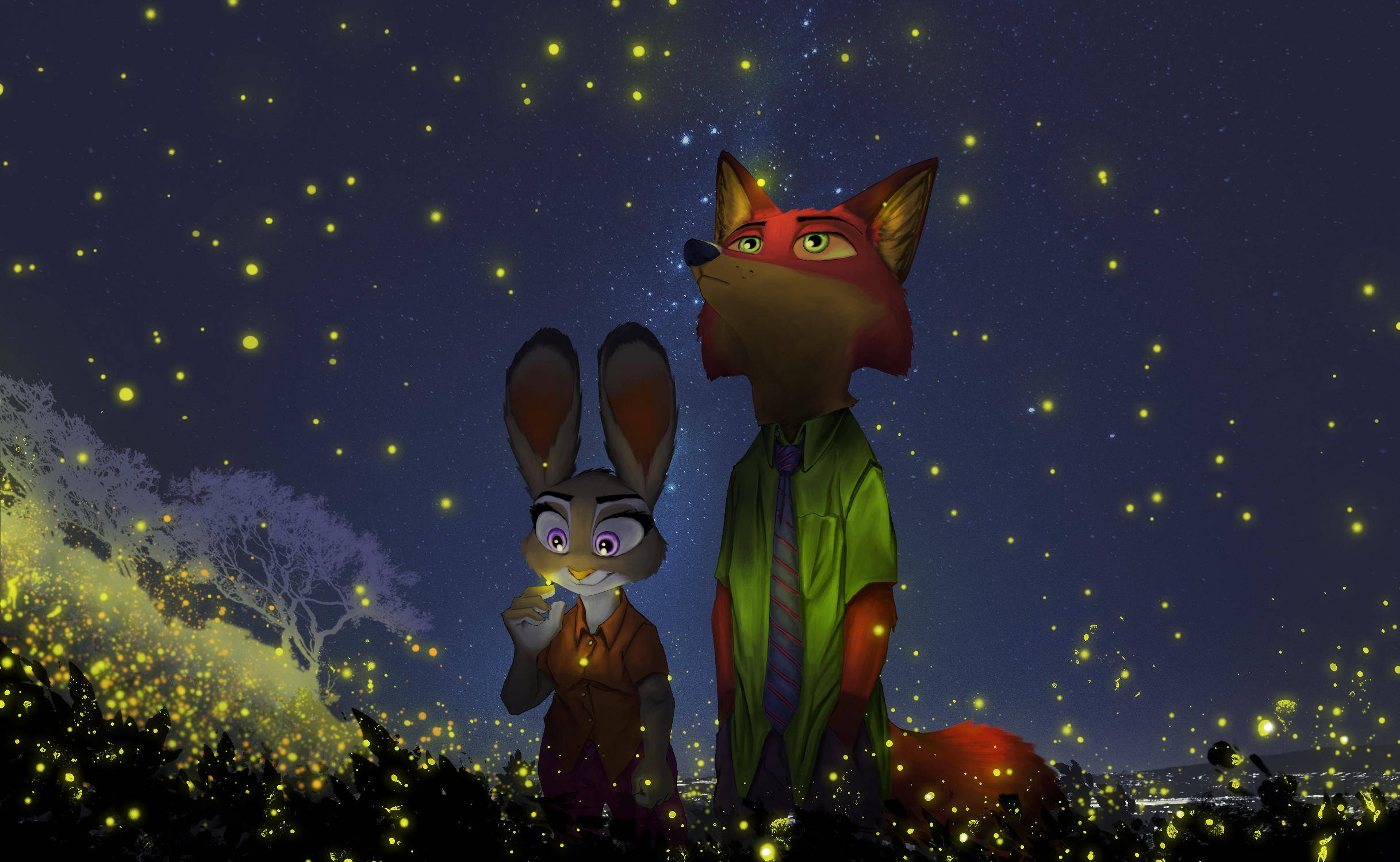 Judy Hopps 桌布 壁紙 — Nick 和 Judy 站在星空下，被魔法森林場景中發光的螢火蟲包圍。