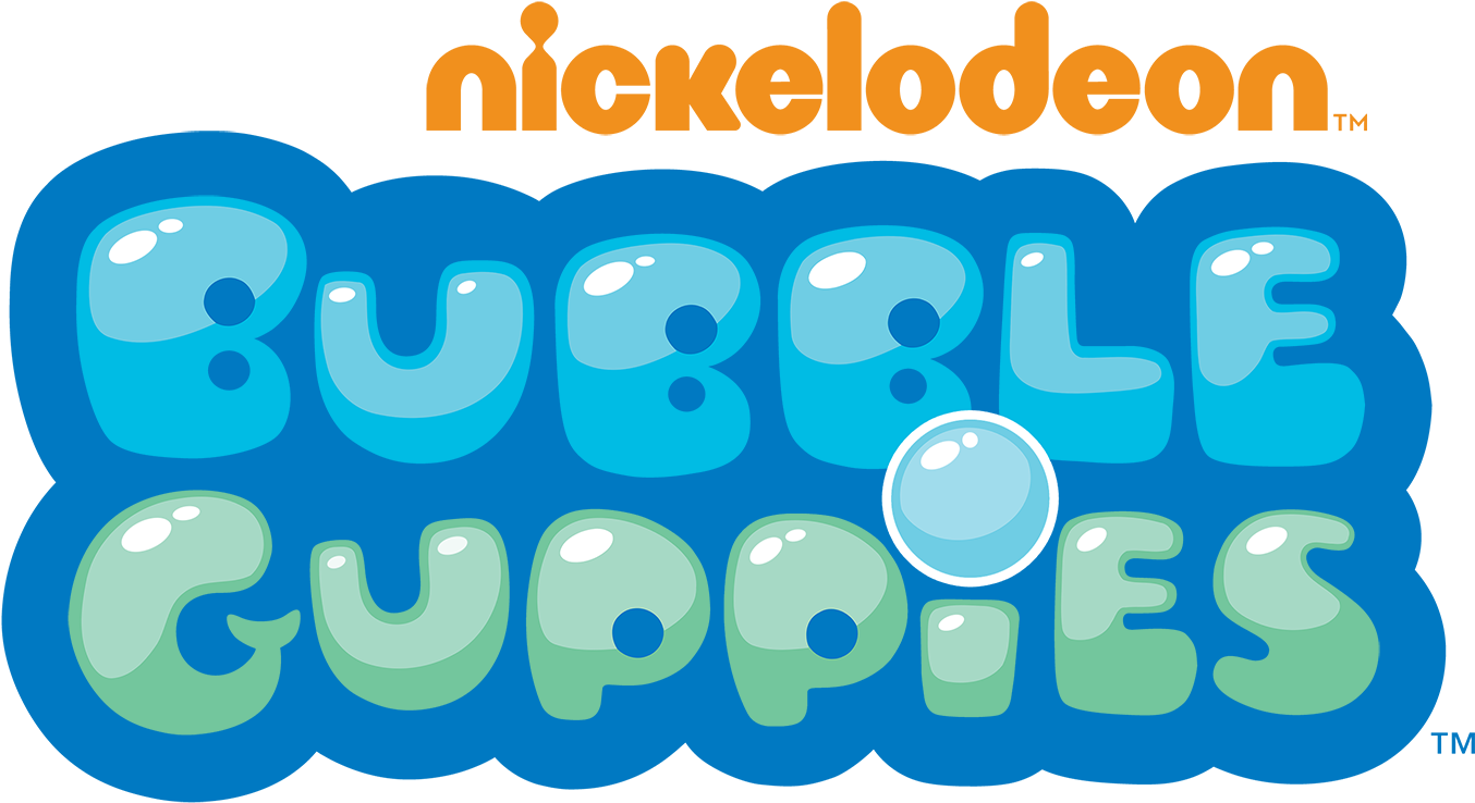 泡泡小隊 桌布 壁紙 — Nickelodeon Bubble Guppies 標誌，帶有氣泡般的藍色和綠色字母，背景為黑色。