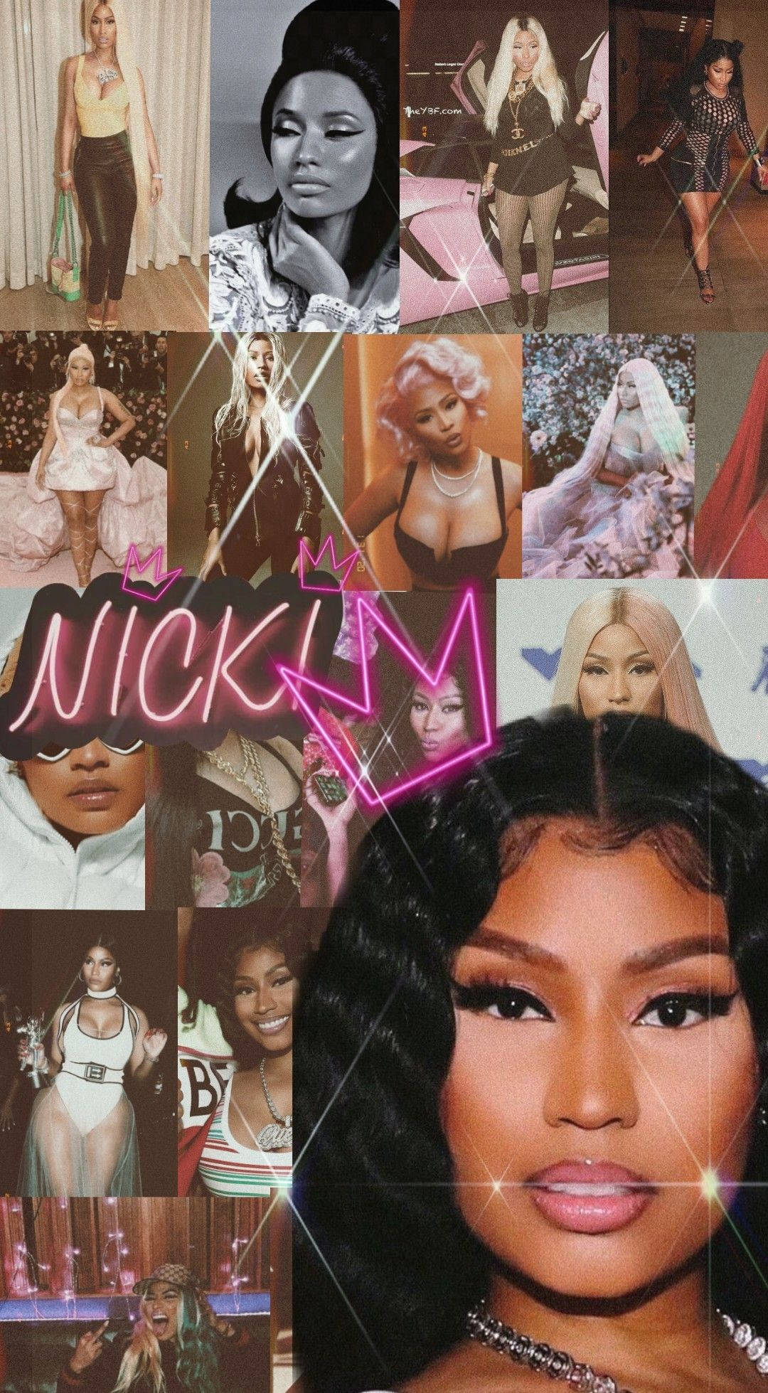 Nicki 桌布 壁紙 — Nicki Minaj 各種華麗服裝和姿勢的充滿活力的拼貼畫，帶有霓虹粉紅色皇冠標誌。