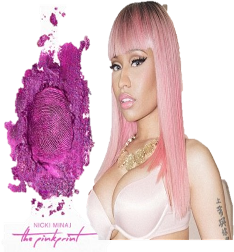 Nicki 桌布 壁紙 — Nicki Minaj 粉紅色頭髮和金色珠寶，旁邊是一個紫色指紋藝術作品，標有 'the pinkprint'。