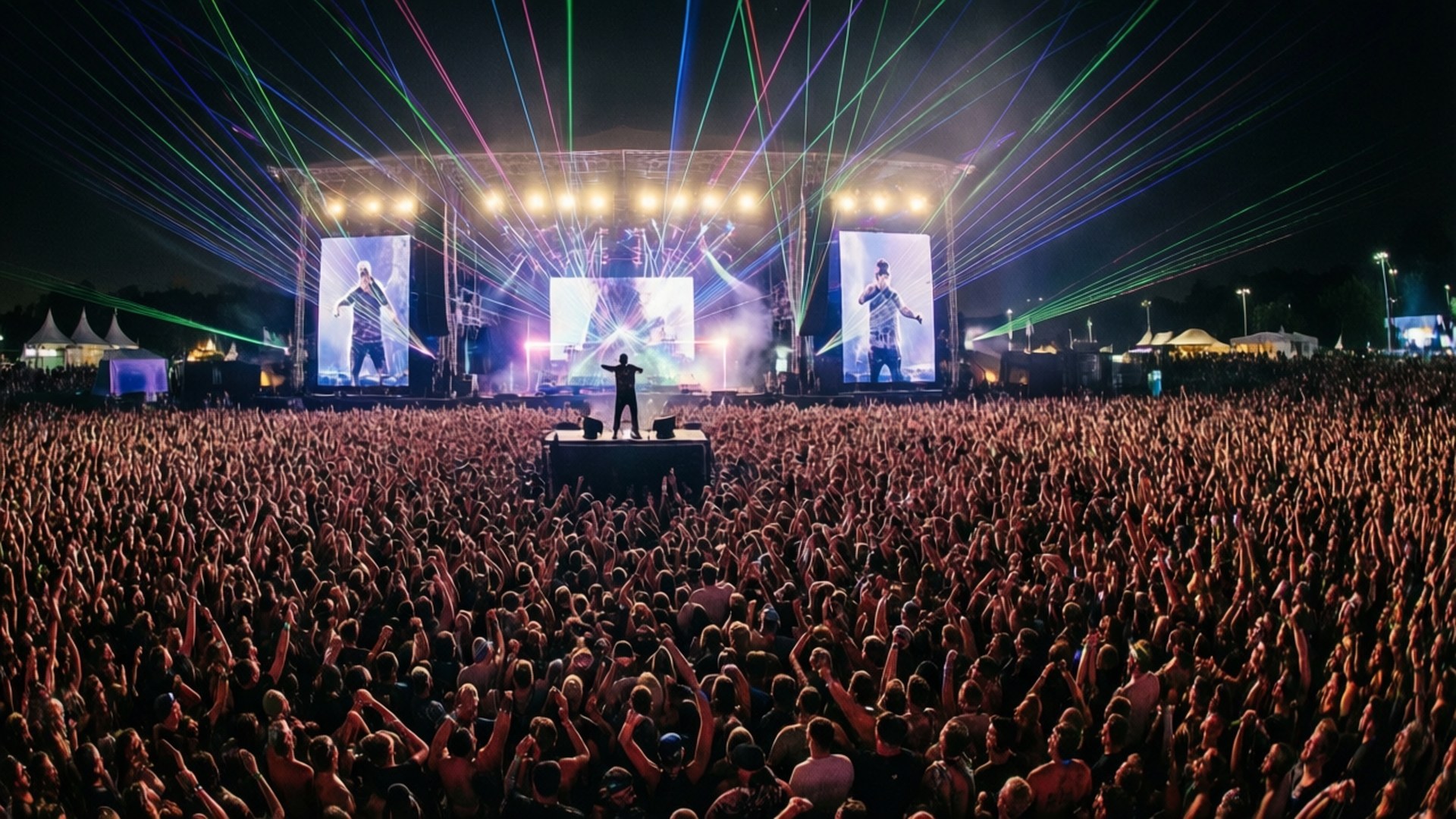 Festival Eruption 壁紙 — 在夜間戶外音樂會上，大量人群在耀眼的雷射燈光秀下舉手向前湧。