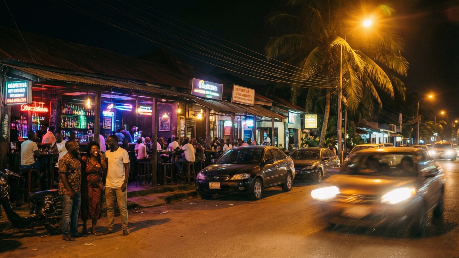 Osu Nightlife 壁紙 — 夜晚街景，霓虹燈酒吧、顧客、汽車和棕櫚樹在溫暖的路燈下。
