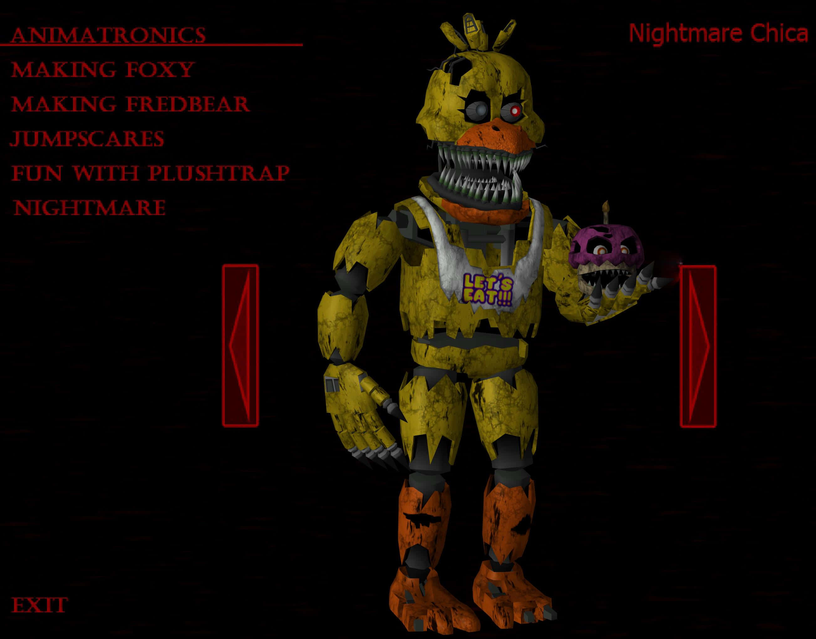 Animatronics 桌布 壁紙 — Nightmare Chica，一個帶有發光紅眼和尖牙的威脅性黃色機械玩偶，在一個有紅色文字和出口標誌的黑暗房間中拿著一個紫色頭部。