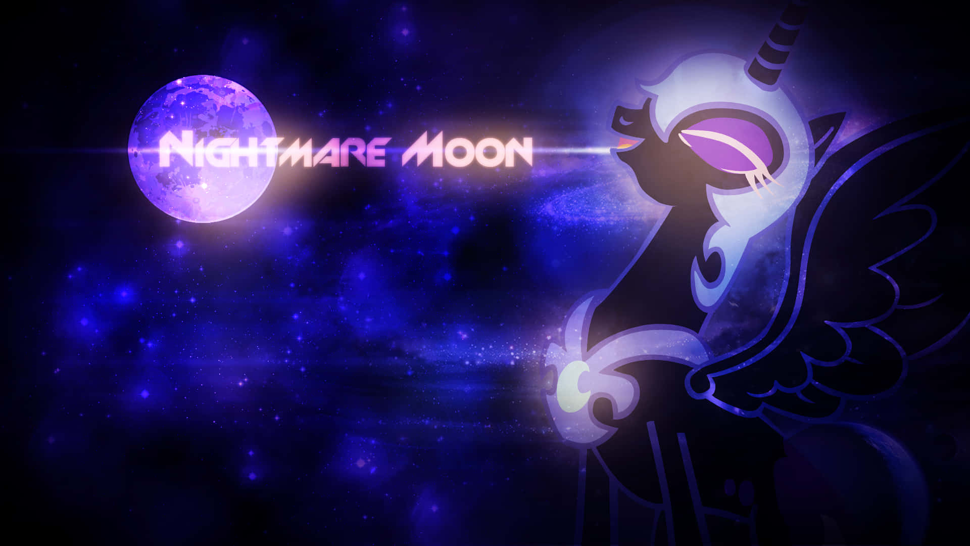 Nightmare Moon 桌布 壁紙 — Nightmare Moon 的風格化剪影，以帶有發光文字的宇宙紫色月亮背景襯托。