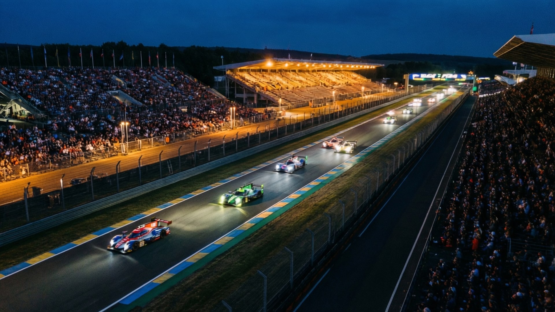 24 Hours Of Le Mans 桌布 壁紙 — 夜間賽車在體育場燈光下疾馳，引擎轟鳴，看台上擠滿歡呼的人群。