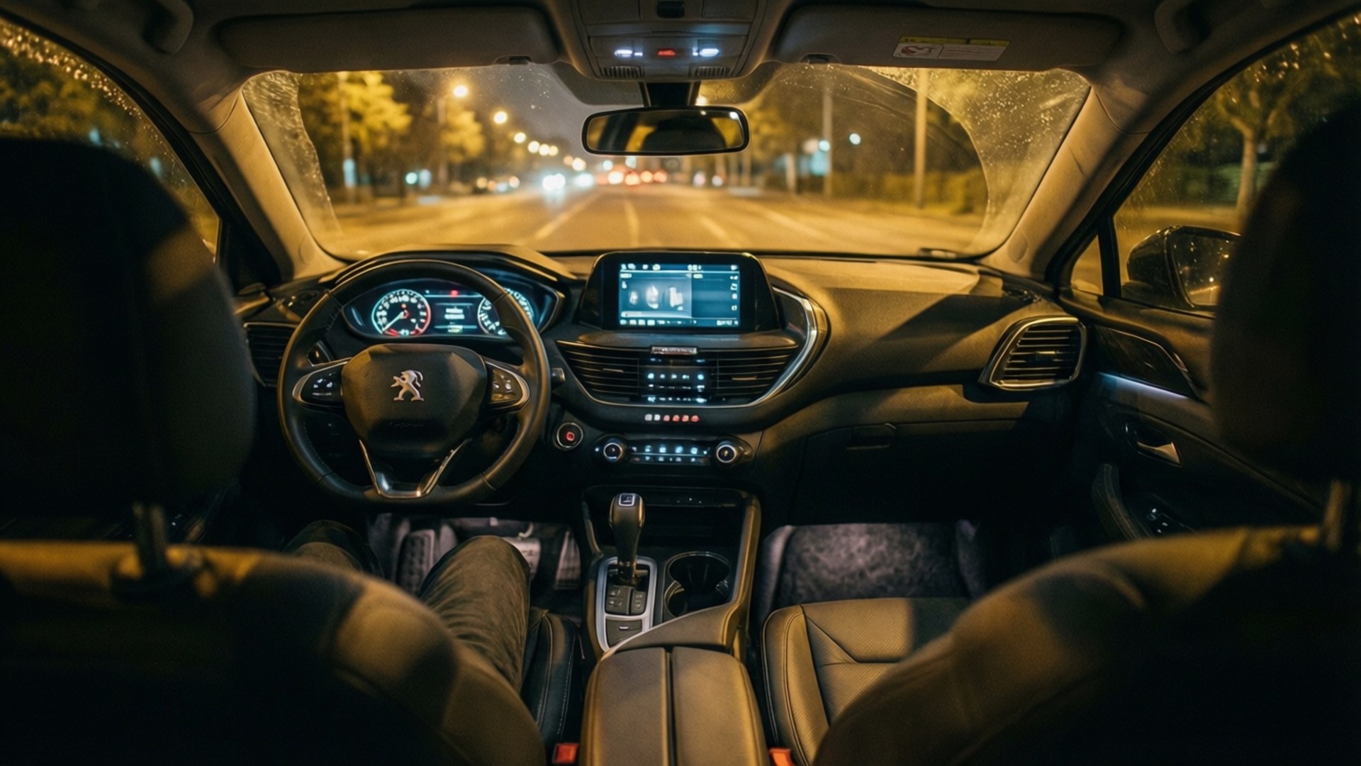 Cockpit Glow Peugeot 壁紙 — 從標緻汽車內部觀看的夜景，顯示發光的儀表板和濕潤的擋風玻璃，前方有街燈。