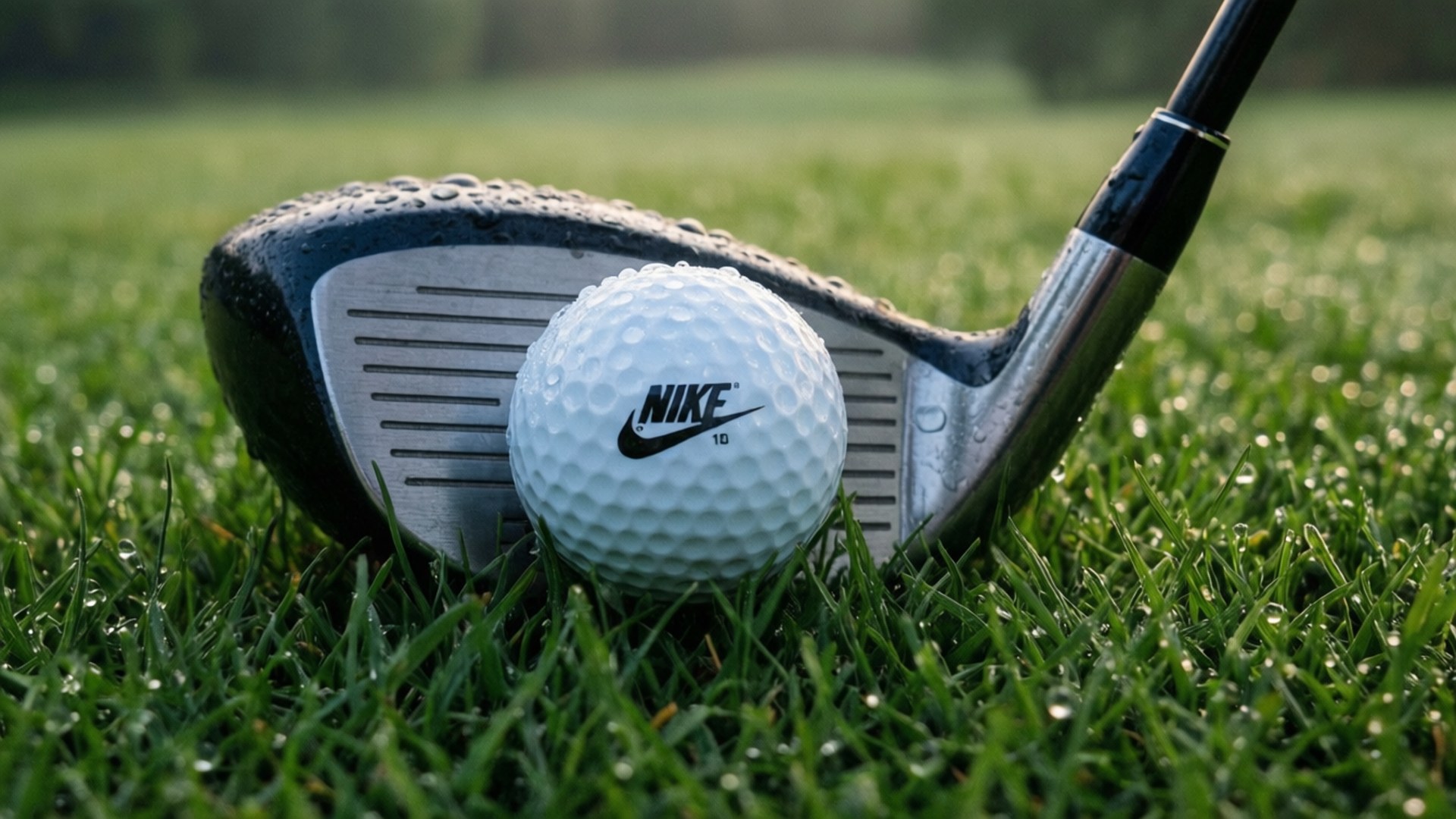 Golf Elegance 壁紙 — 一個Nike高爾夫球放在濕草上，旁邊有高爾夫球桿，晨光柔和，露珠閃閃發光。
