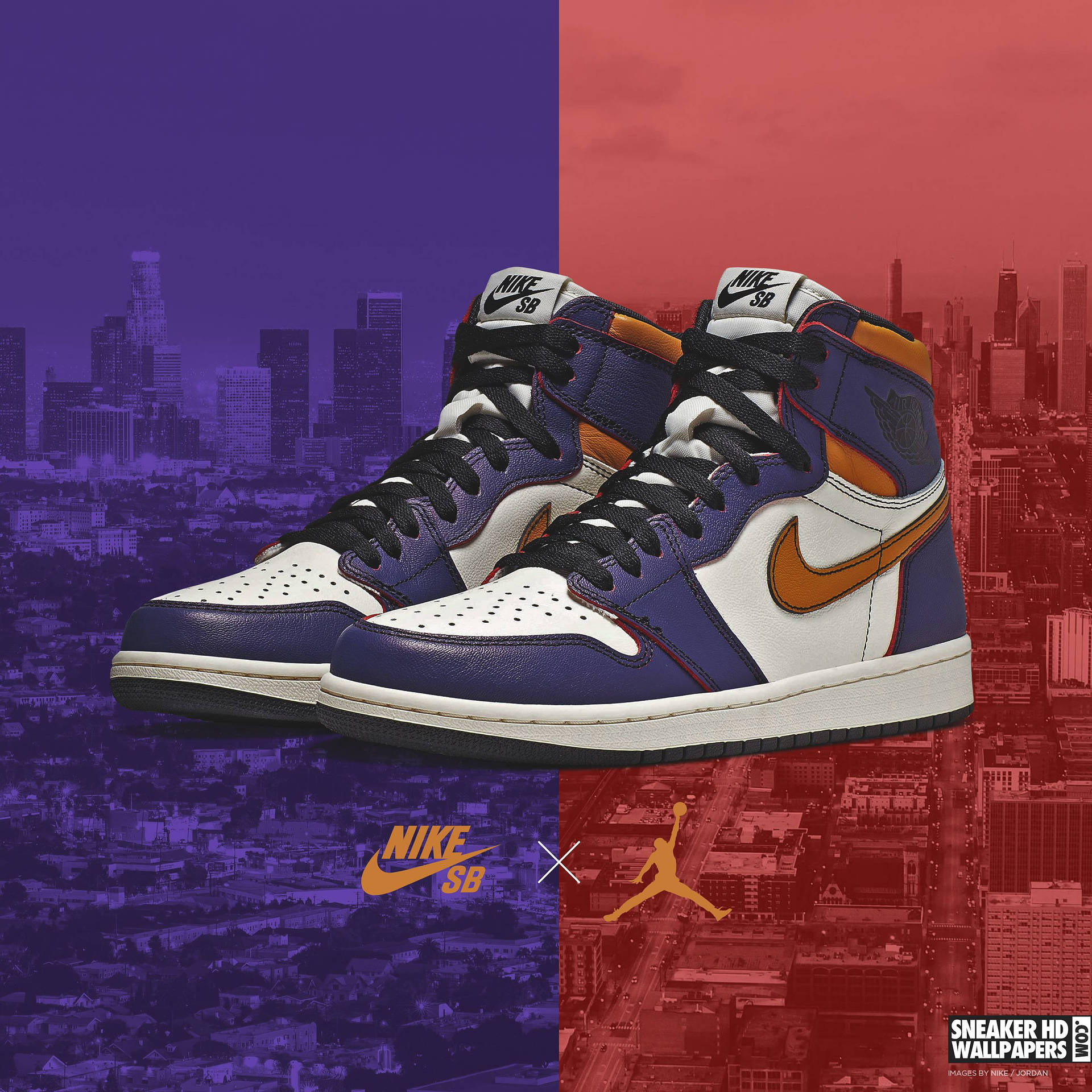 Nike SB x Jordan 1運動鞋以紫色和紅色調的分割城市天際線為背景。 — Jordan Logo 壁紙
