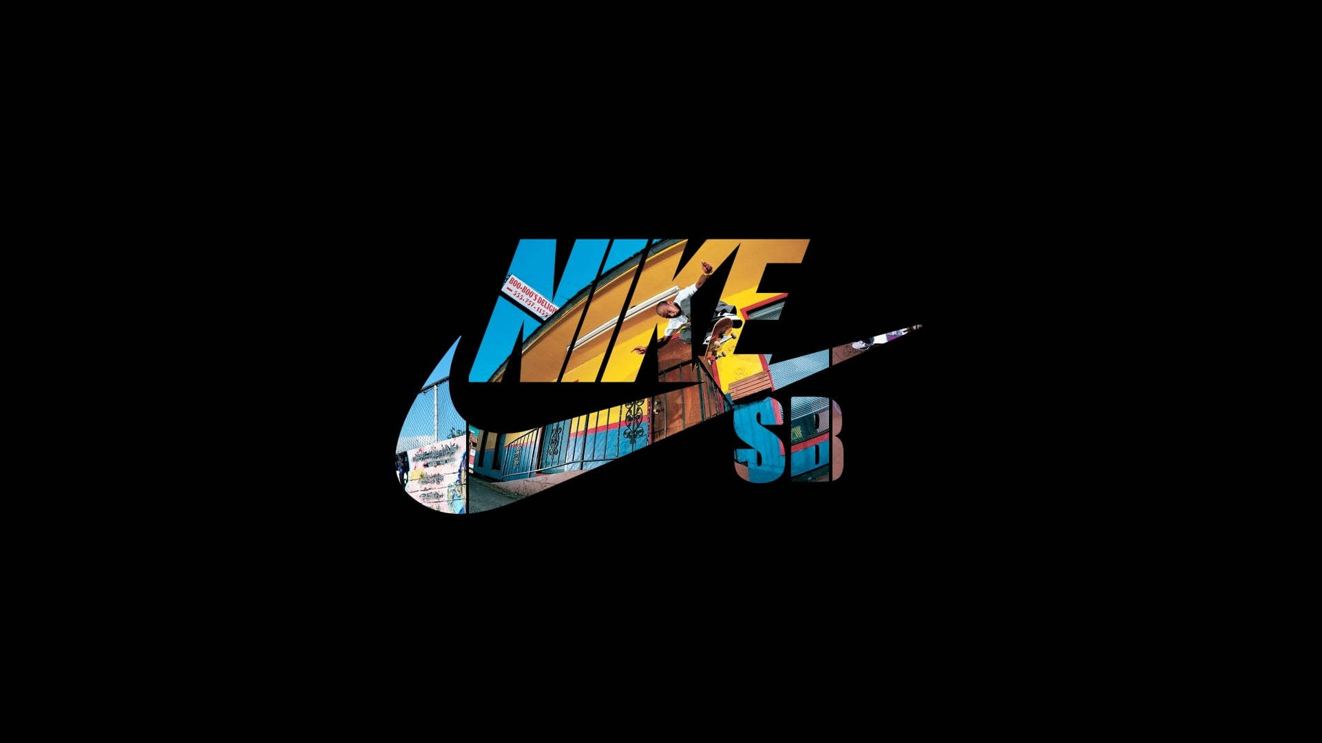 Nike iPhone 桌布 壁紙 — Nike SB 標誌充滿了充滿活力的滑板場景，背景為純黑色。