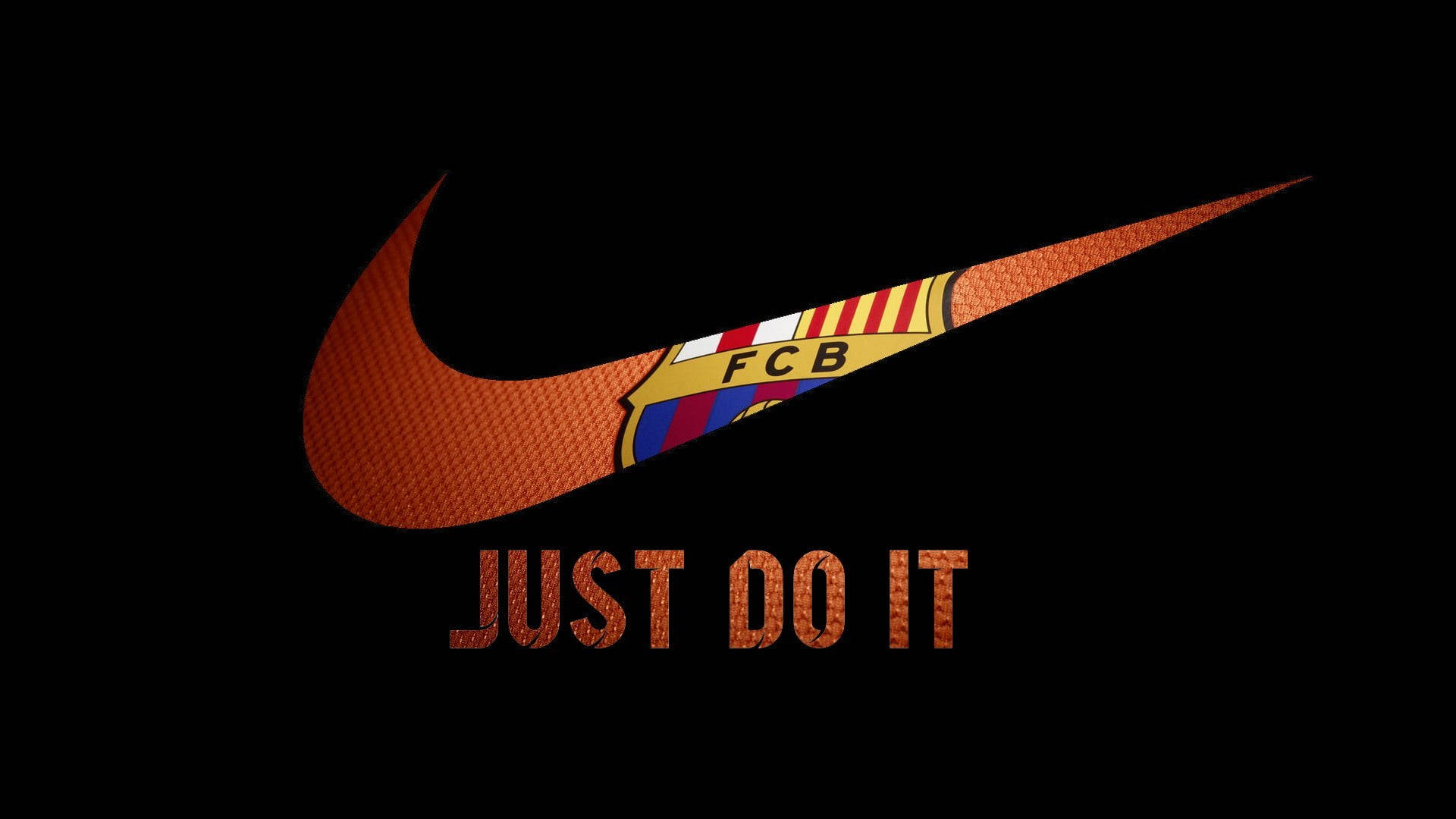 Nike iPhone 桌布 壁紙 — Nike 勾勾與 FC Barcelona 徽章融合在橙色紋理布料上，黑色背景，並帶有 'JUST DO IT' 文字。